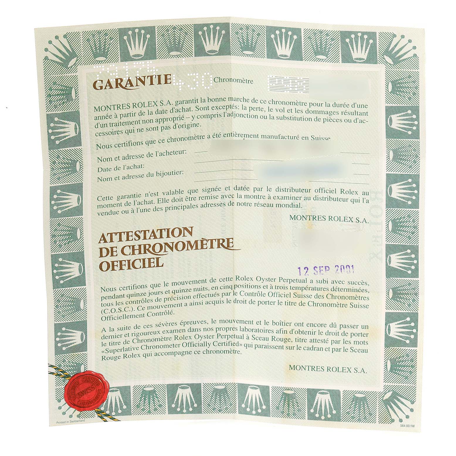 The image shows a warranty and chronometer certificate for a Rolex Datejust 79174 Women
s Stainless Steel White Dial 79174 Women
s Stainless Steel White Dial model, emphasizing official certification and purchase details.