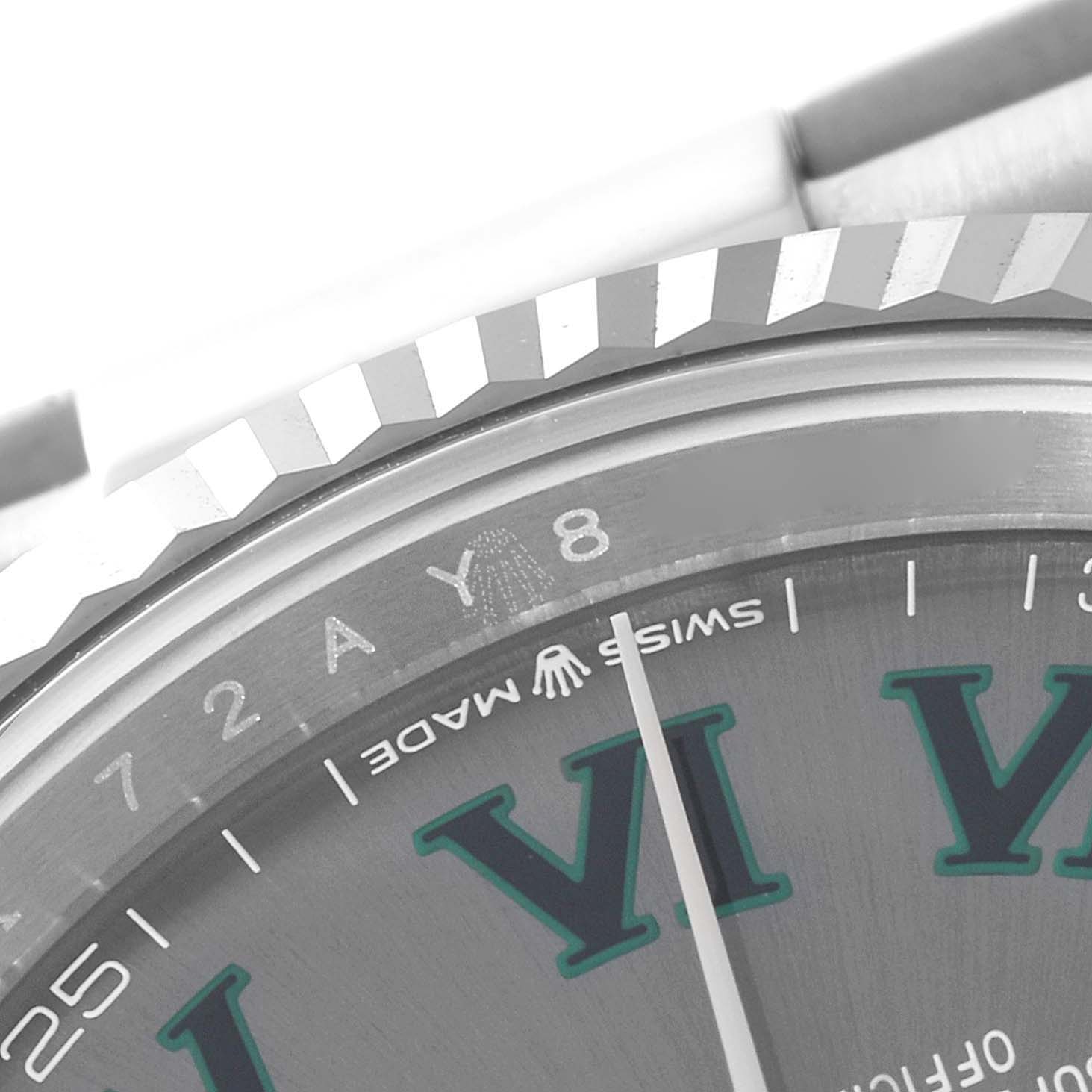This close-up image shows the bezel, part of the dial, Roman numeral markers, and "Swiss Made" text on the Rolex Datejust 126234 Men's Stainless Steel Grey Dial 126234 Men's Stainless Steel Grey Dial.