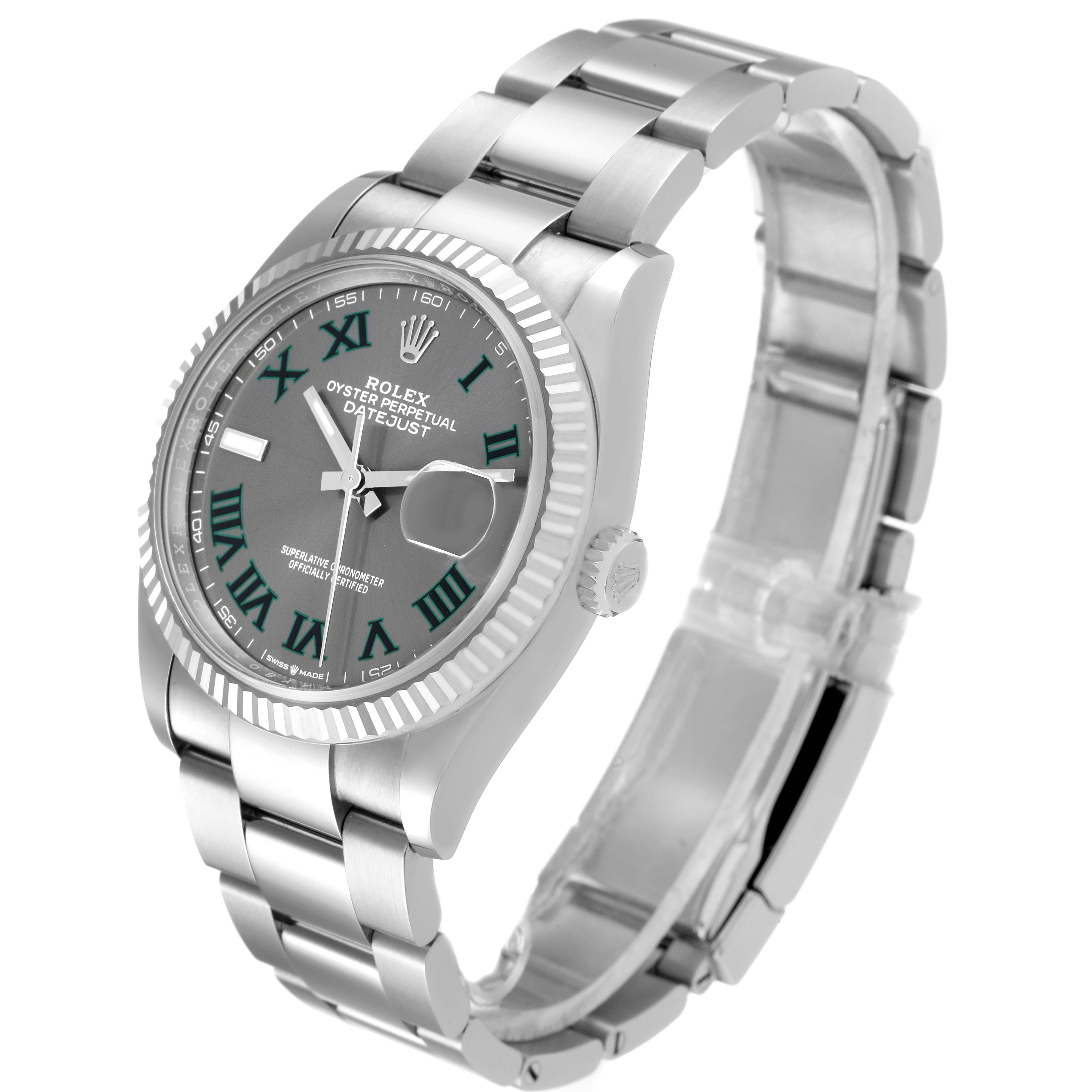The image shows a Rolex Datejust 126234 Men's Stainless Steel Grey Dial 126234 Men's Stainless Steel Grey Dial watch at a three-quarter angle, highlighting its face, fluted bezel, and stainless steel bracelet.
