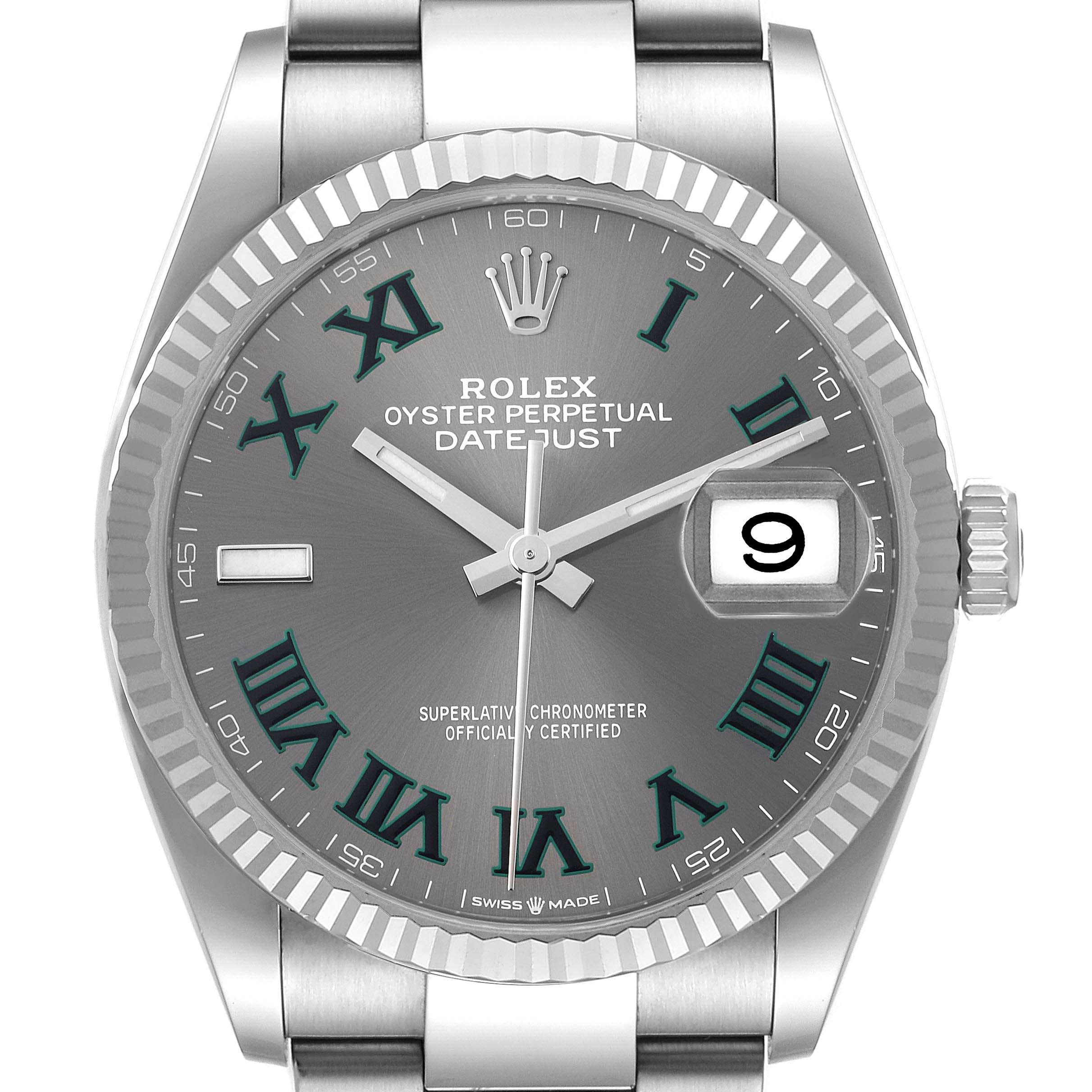 This image shows a close-up front view of a Rolex Datejust 126234 Men's Stainless Steel Grey Dial 126234 Men's Stainless Steel Grey Dial watch, highlighting its silver dial, Roman numerals, and date magnification.