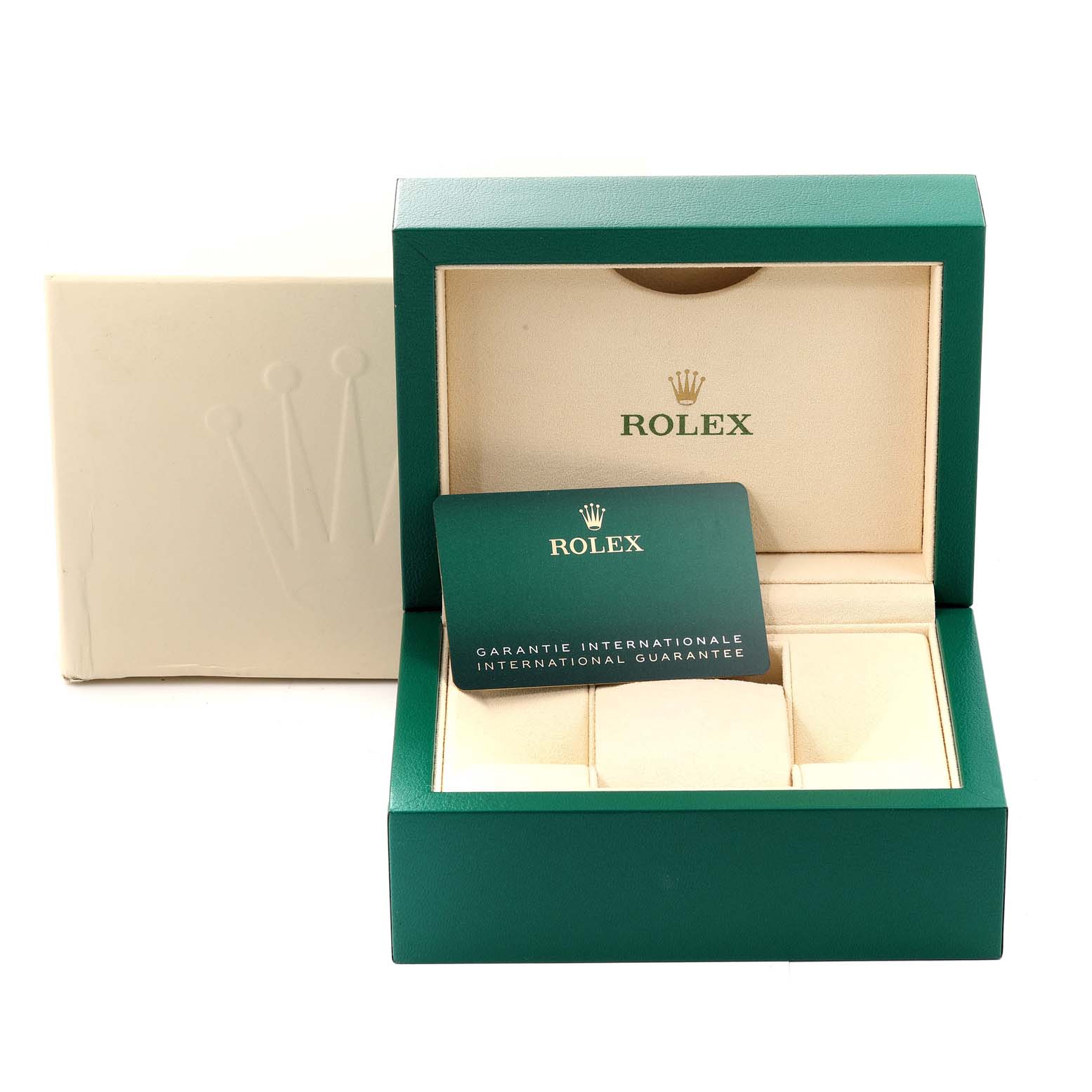 The image shows a Rolex Datejust 126234 Men's Stainless Steel Grey Dial 126234 Men's Stainless Steel Grey Dial watch box and international guarantee card.