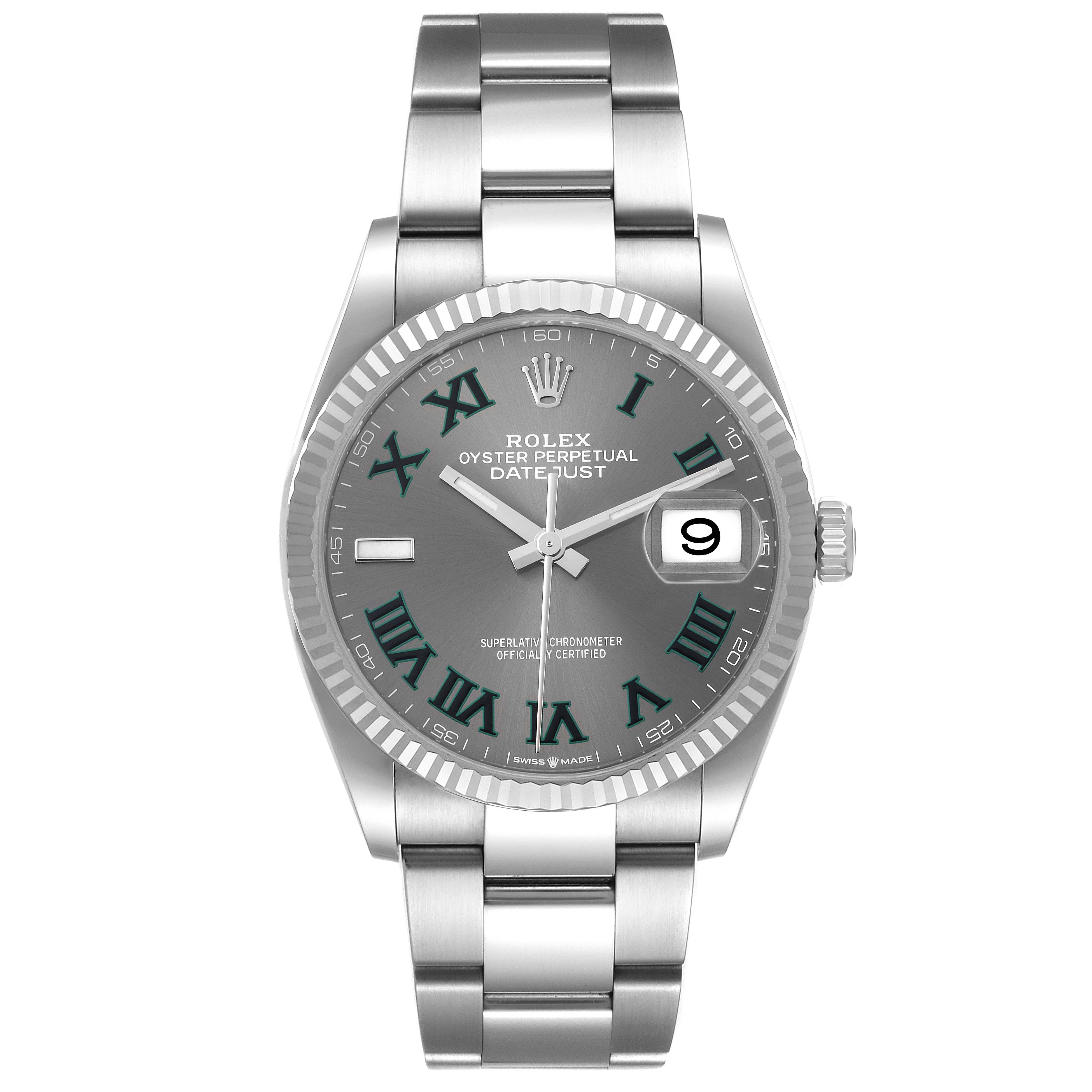 The image shows a front view of the Rolex Datejust 126234 Men's Stainless Steel Grey Dial 126234 Men's Stainless Steel Grey Dial watch, highlighting its dial, bracelet, and date feature.