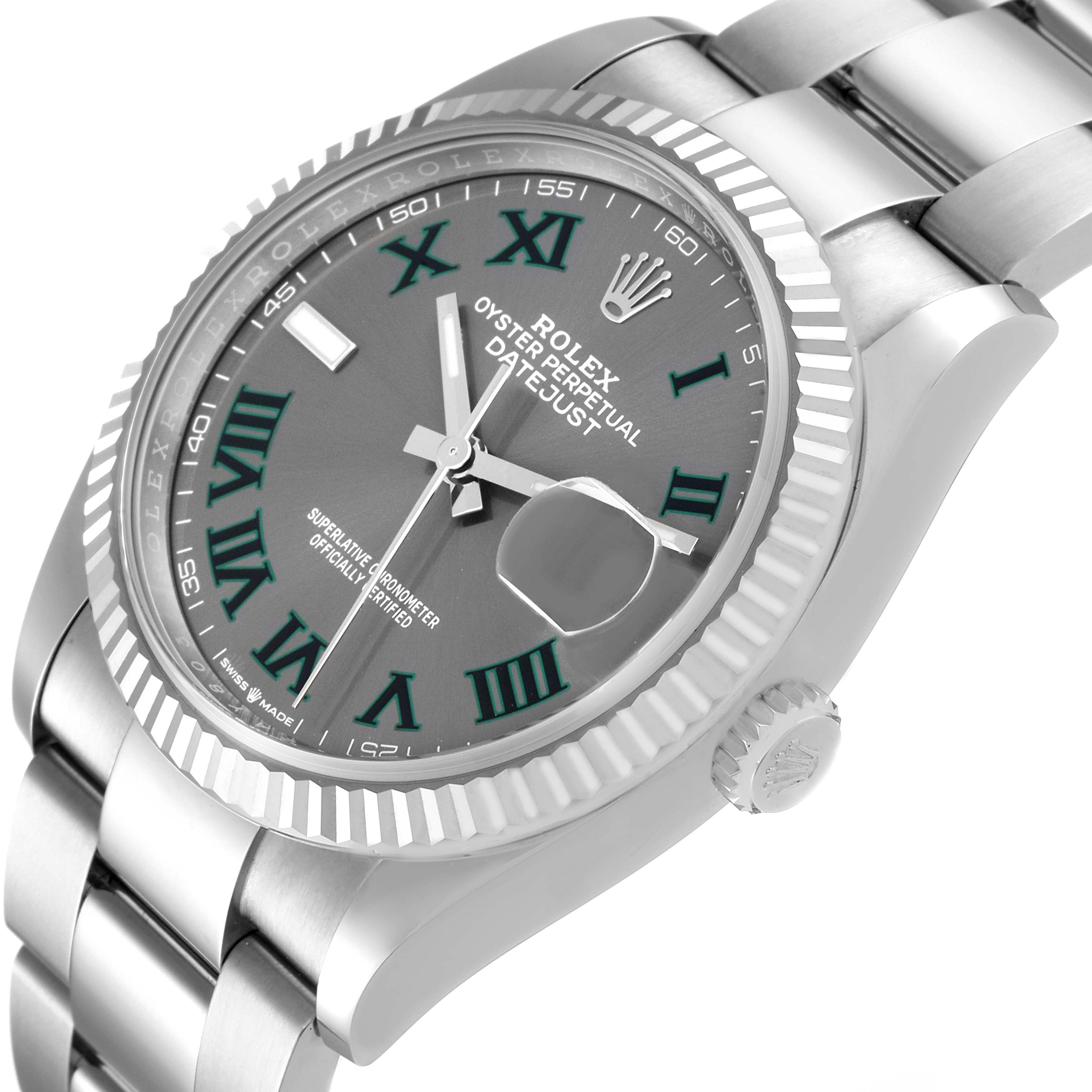 The image shows a close-up, angled view of a Rolex Datejust 126234 Men's Stainless Steel Grey Dial 126234 Men's Stainless Steel Grey Dial watch, highlighting the dial, bezel, and part of the bracelet.
