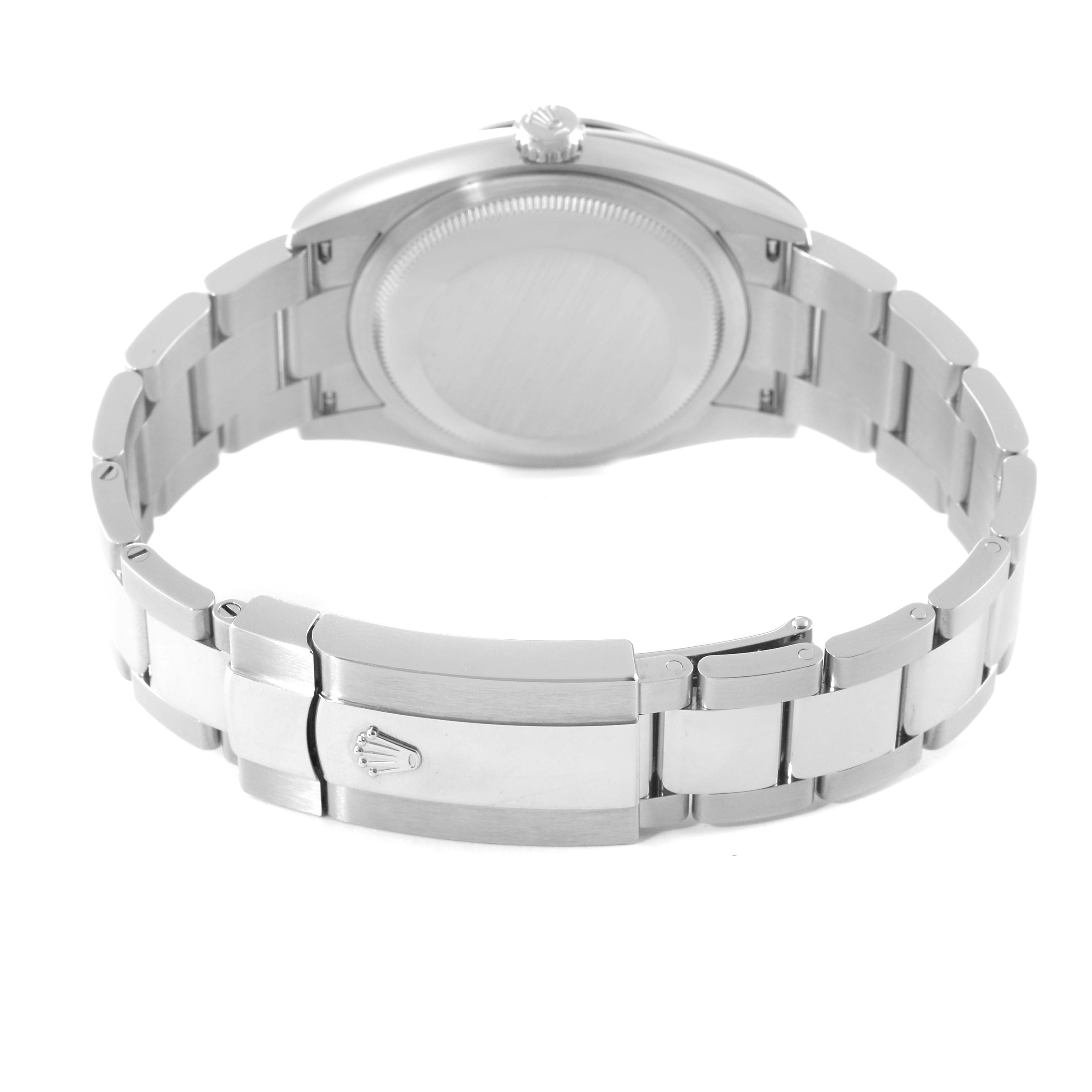 This image shows the back view of a Rolex Datejust 126234 Men's Stainless Steel Grey Dial 126234 Men's Stainless Steel Grey Dial watch, highlighting the case back and metal bracelet clasp.