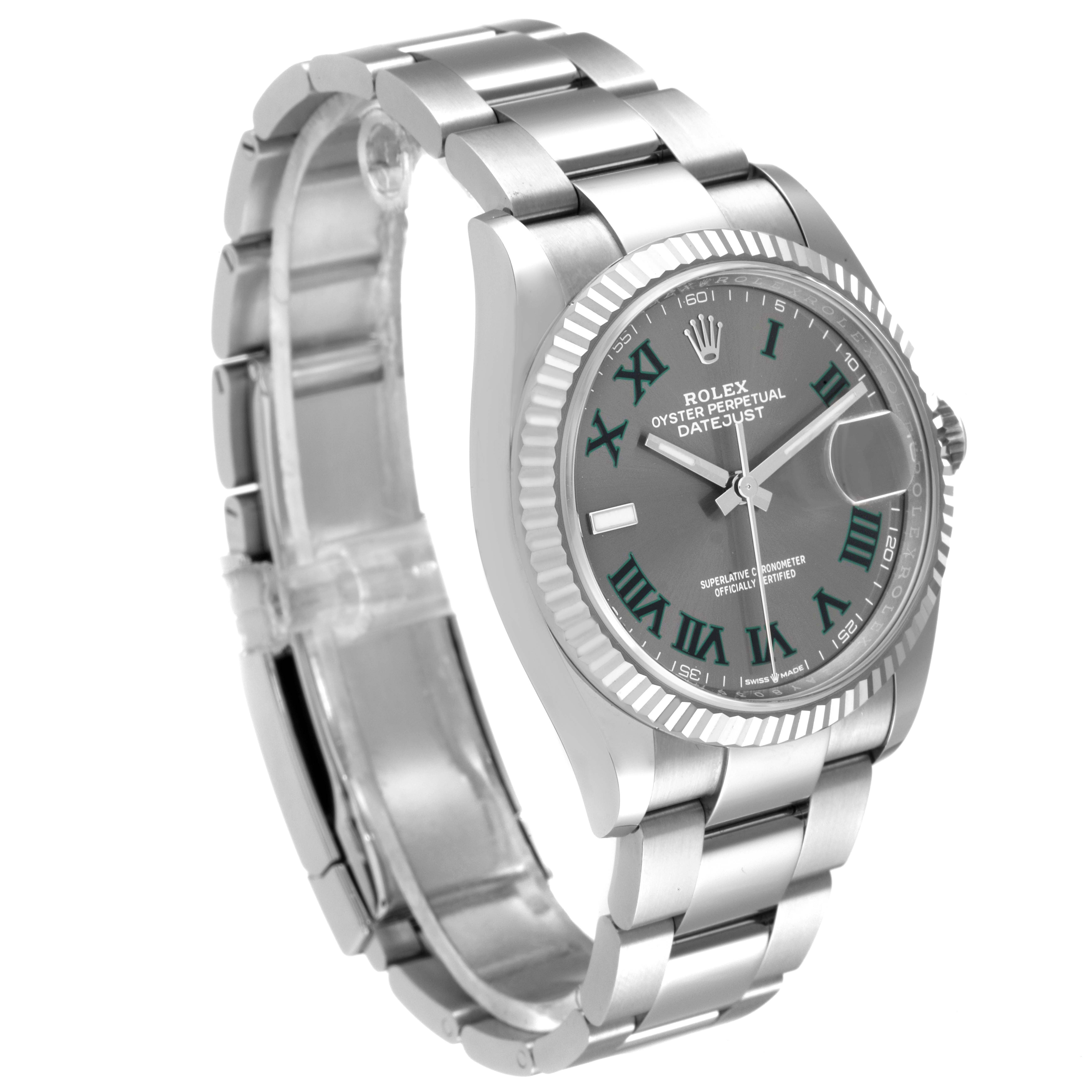 This image shows a stainless steel Rolex Datejust 126234 Men's Stainless Steel Grey Dial 126234 Men's Stainless Steel Grey Dial watch from a three-quarter angle, highlighting the bracelet and face.