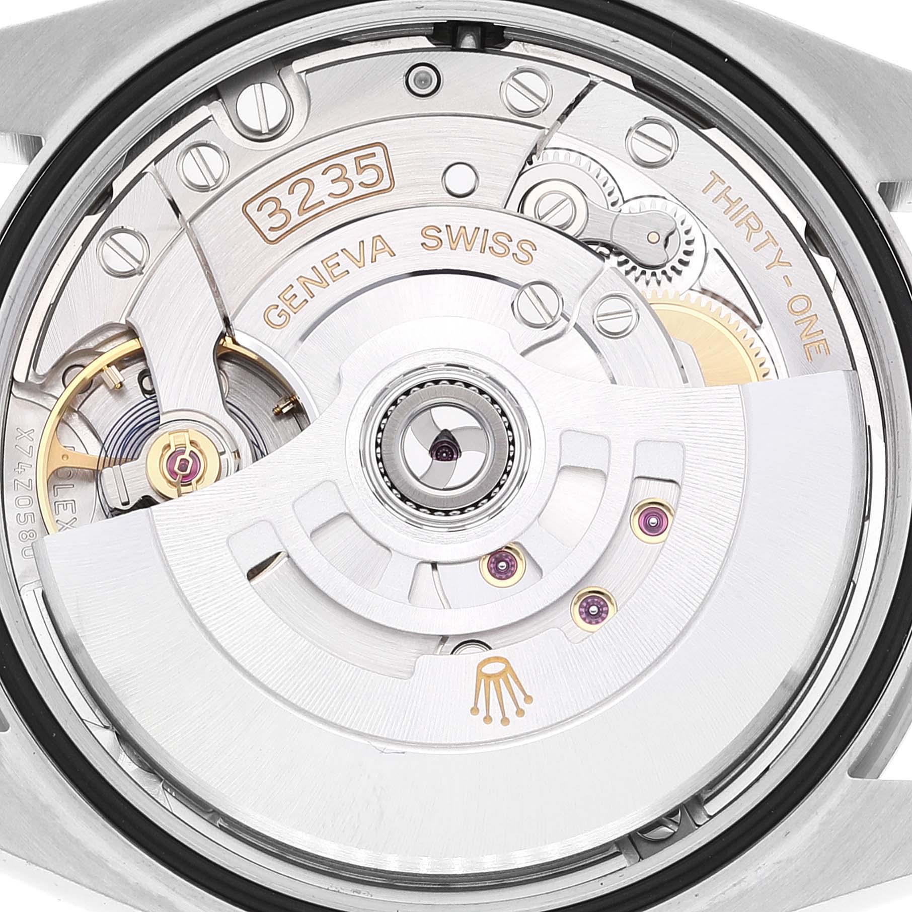 The image shows the movement mechanism of a Rolex Datejust 126234 Men's Stainless Steel Grey Dial 126234 Men's Stainless Steel Grey Dial watch, specifically the caliber 3235.