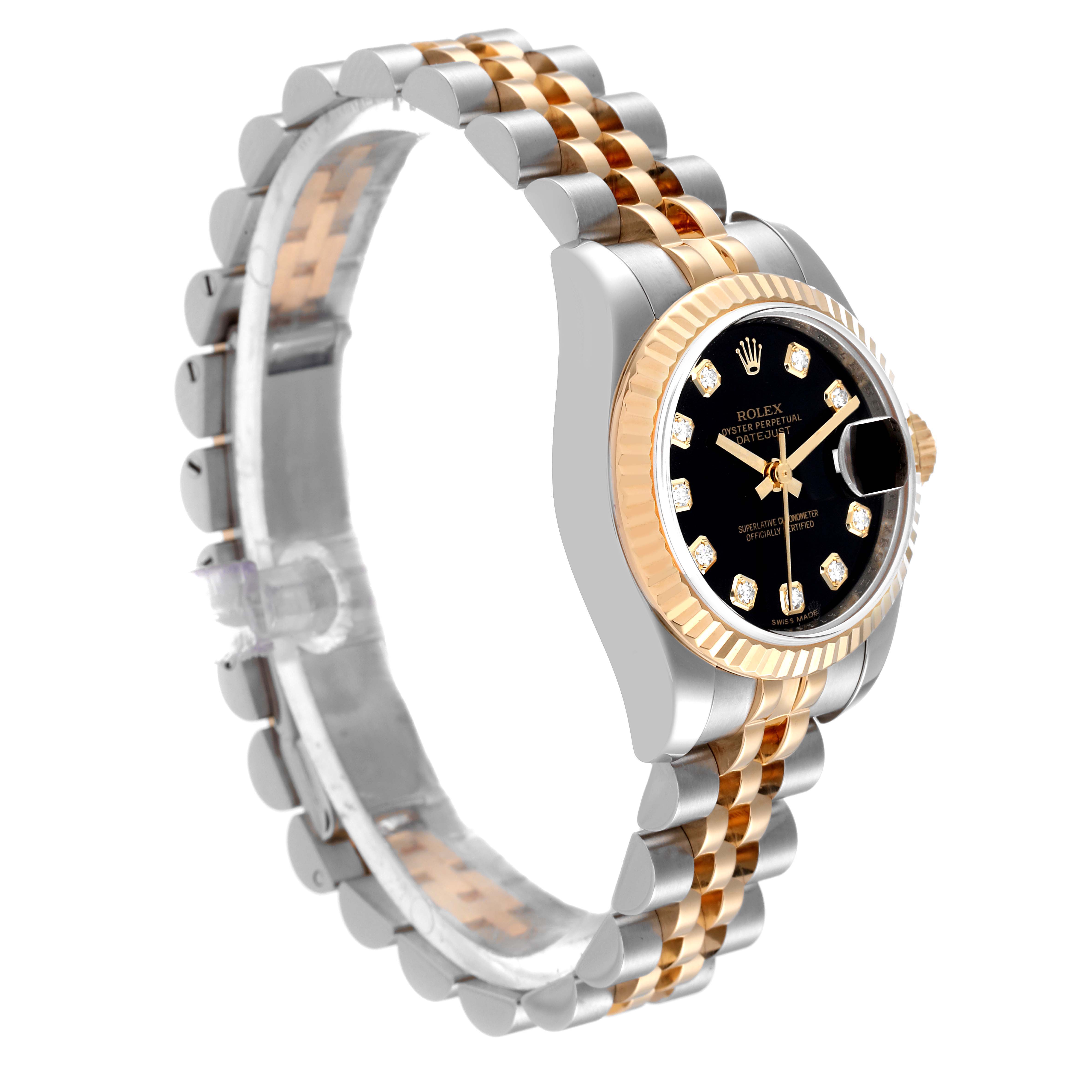 The image shows a side angle of the Rolex Datejust 179173 Women's Steel and Gold (two tone) Black Dial 179173 Women's Steel and Gold (two tone) Black Dial watch, featuring its two-tone bracelet, black dial, and fluted bezel.