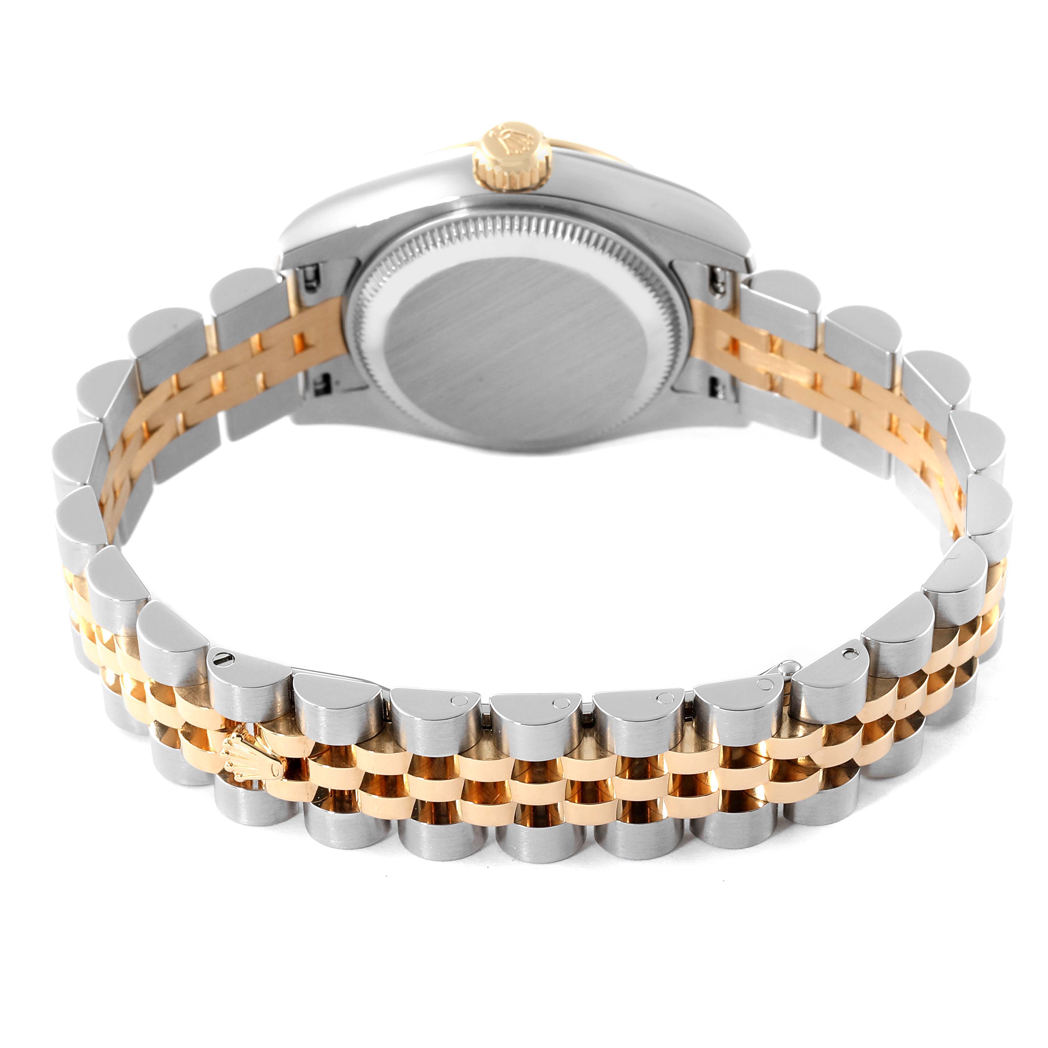 The image shows the back view of a Rolex Datejust 179173 Women's Steel and Gold (two tone) Black Dial 179173 Women's Steel and Gold (two tone) Black Dial watch, highlighting its case back and two-tone bracelet.