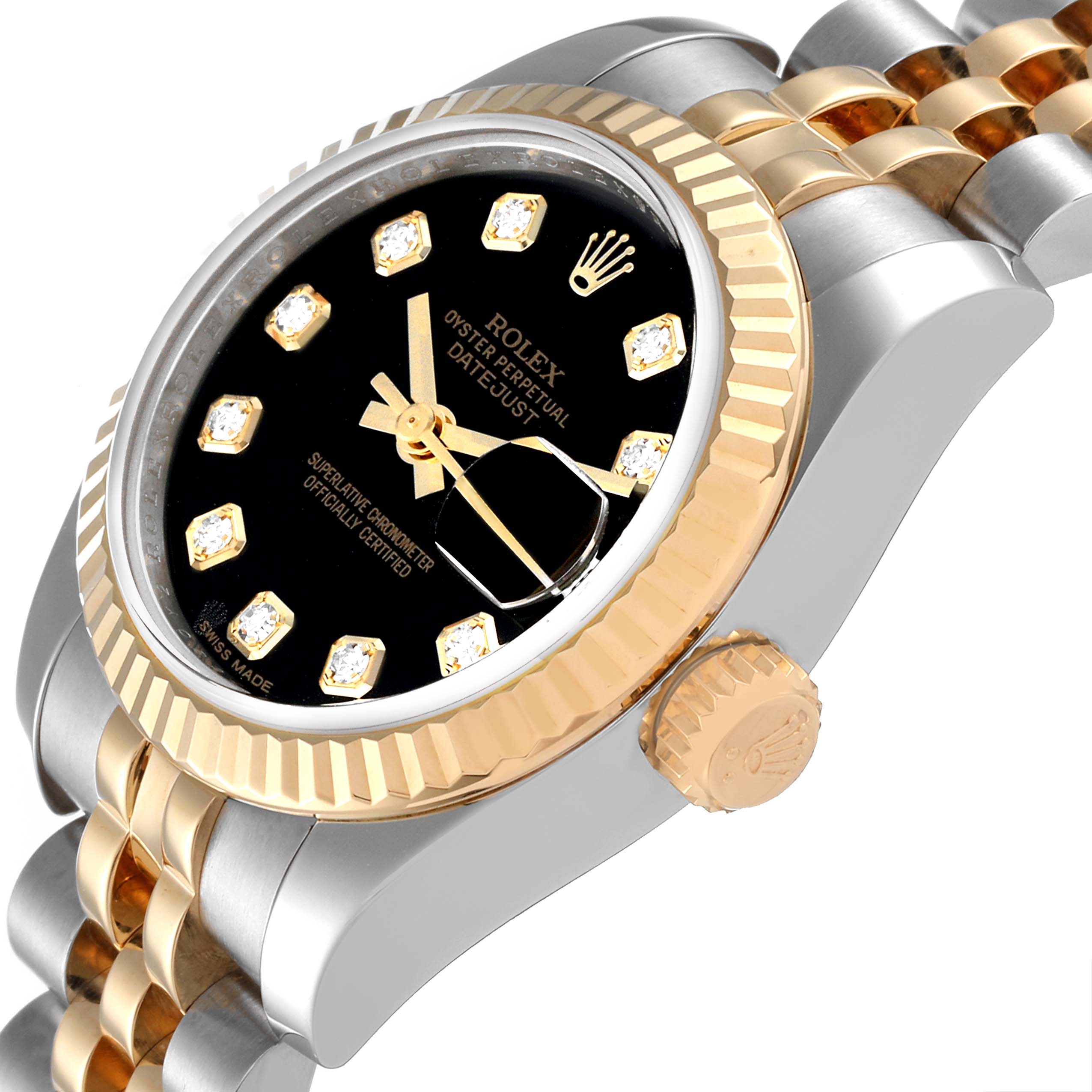 This is a side angle of a Rolex Datejust 179173 Women's Steel and Gold (two tone) Black Dial 179173 Women's Steel and Gold (two tone) Black Dial watch showing the crown, bezel, bracelet, and a portion of the dial with diamond hour markers.