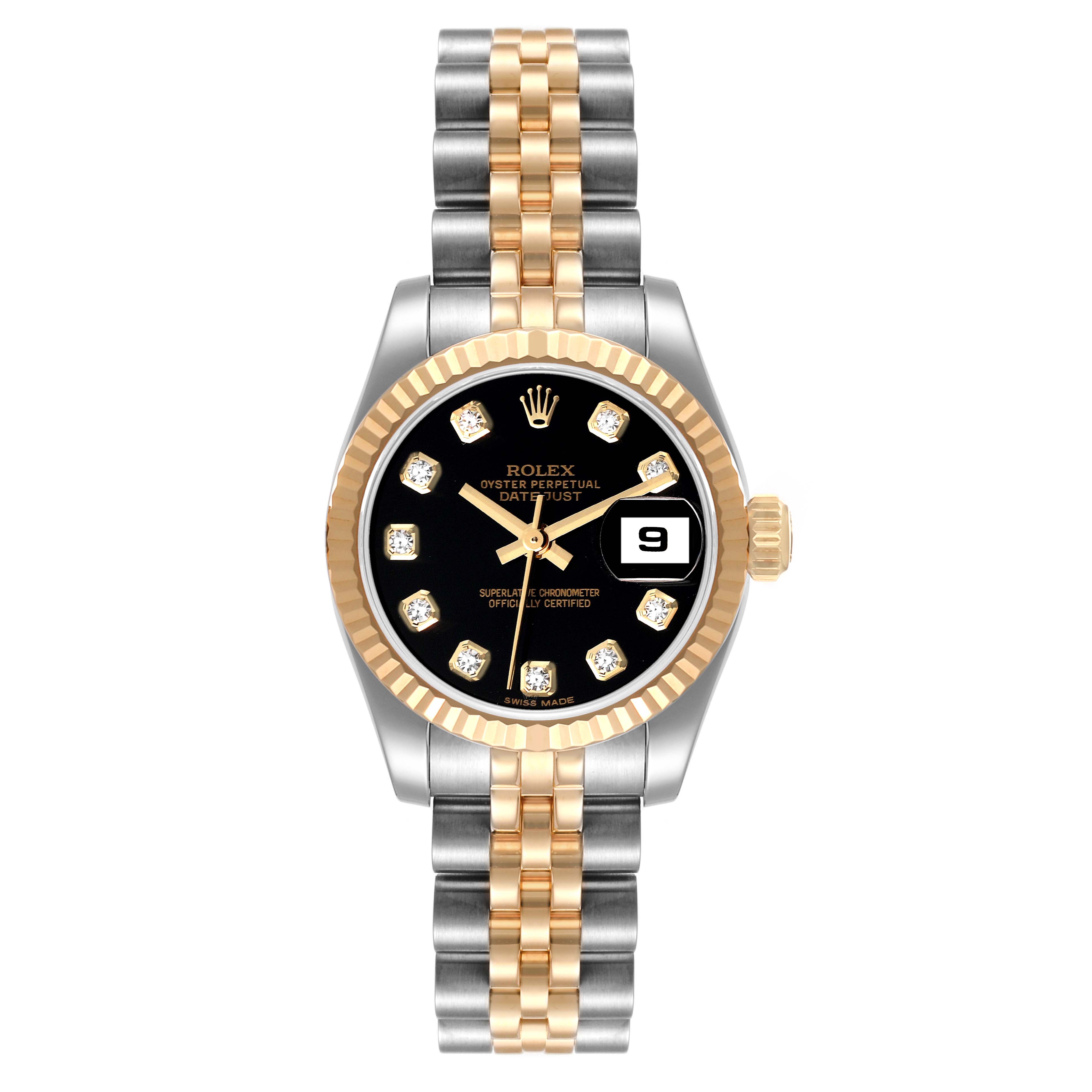 This image shows a front view of a Rolex Datejust 179173 Women's Steel and Gold (two tone) Black Dial 179173 Women's Steel and Gold (two tone) Black Dial watch, highlighting its two-tone bracelet, black dial, and diamond hour markers.