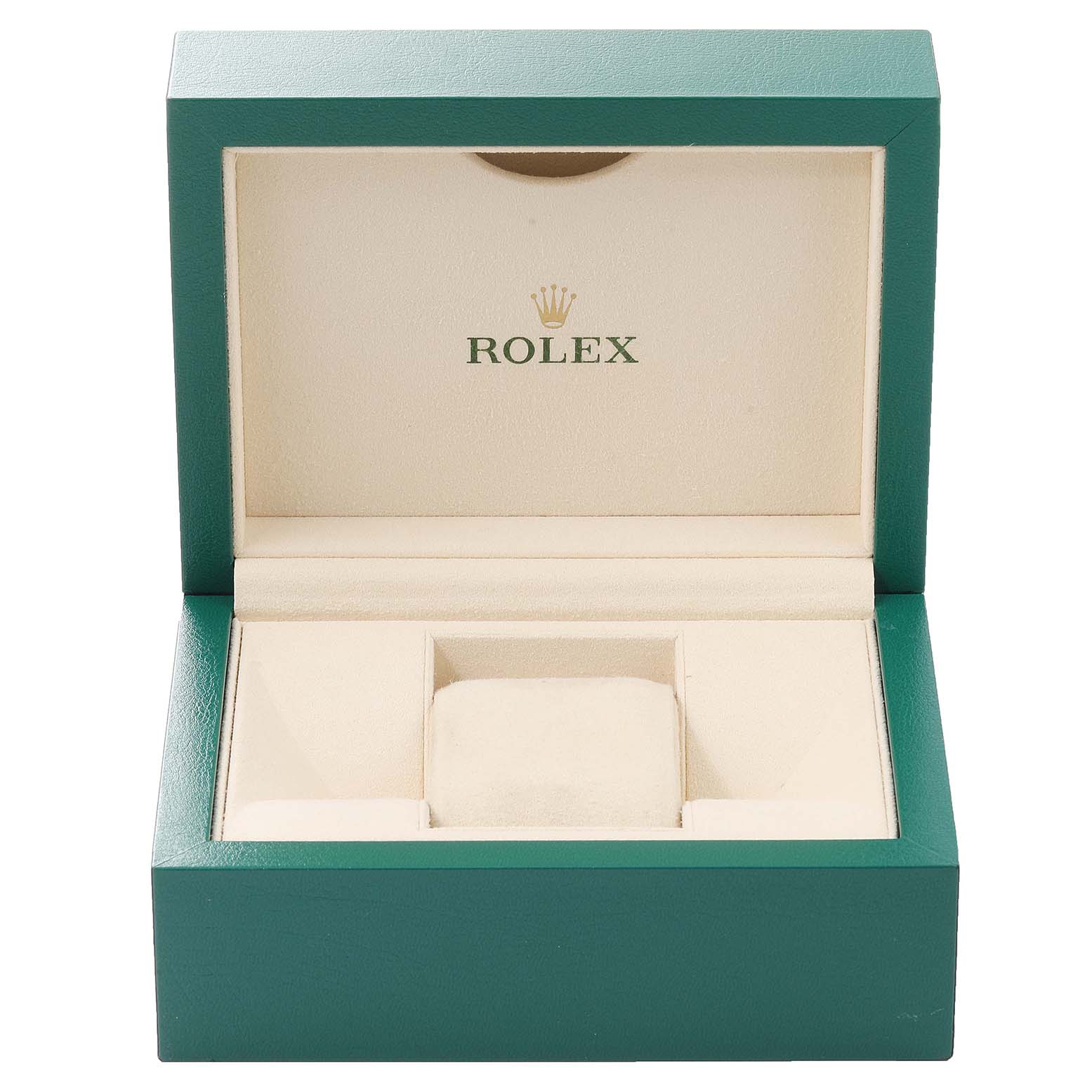 The image shows the open box of a Rolex Datejust 179173 Women's Steel and Gold (two tone) Black Dial 179173 Women's Steel and Gold (two tone) Black Dial watch, displaying its interior compartments from a front angle.