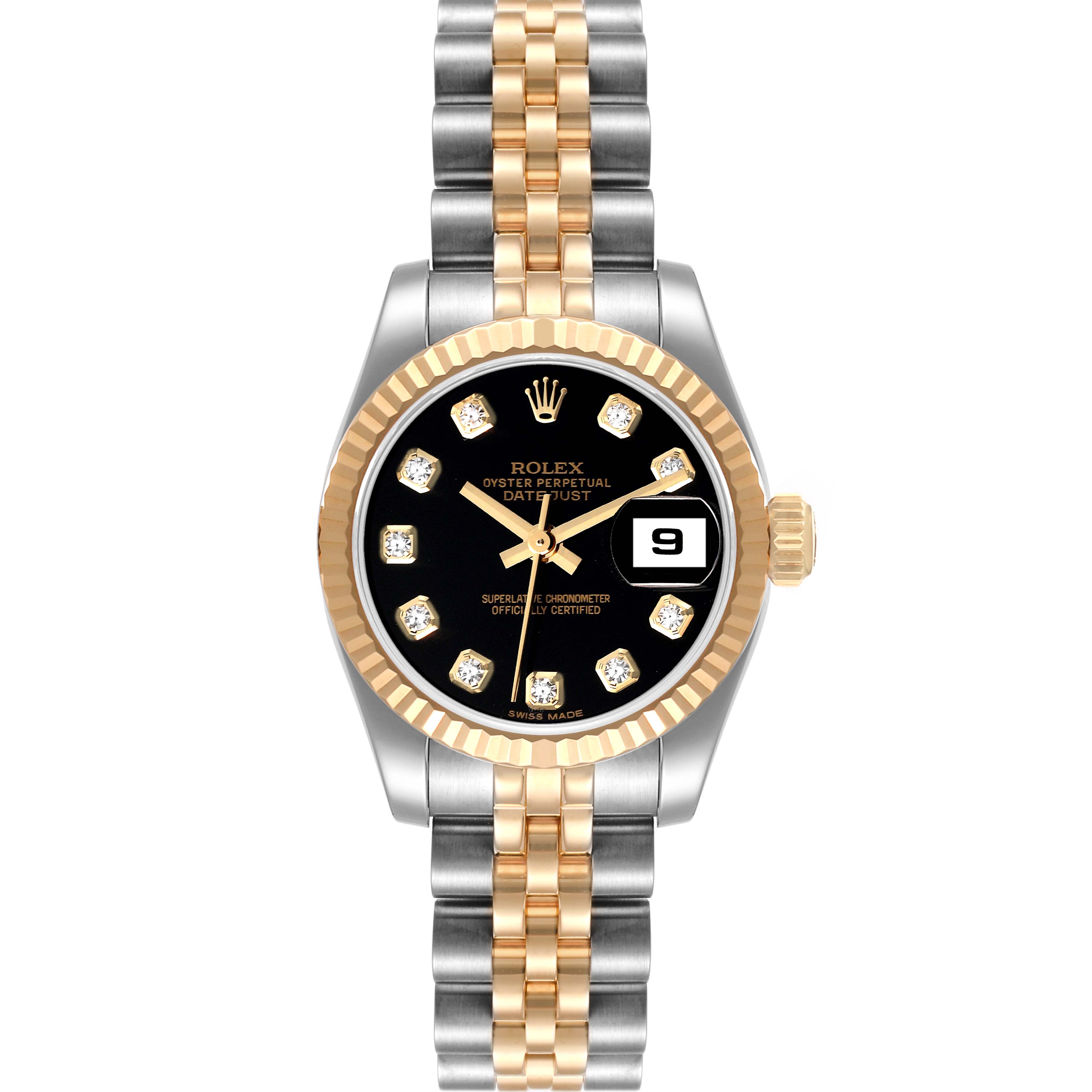The image shows a Rolex Datejust 179173 Women's Steel and Gold (two tone) Black Dial 179173 Women's Steel and Gold (two tone) Black Dial watch from a front view, highlighting its dial, bezel, and bracelet.