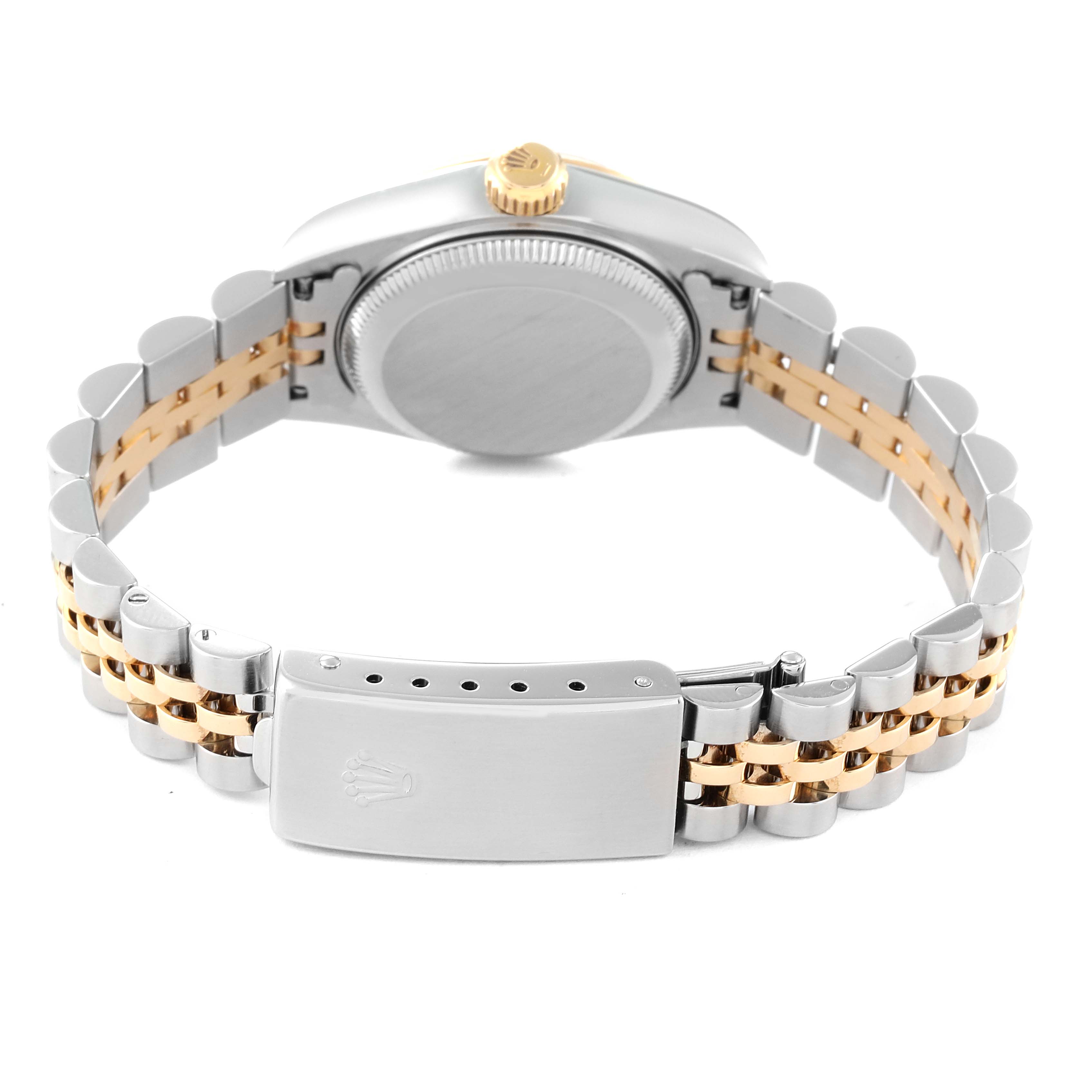 The image shows the back case, crown, and bracelet of the Rolex Datejust 79173 Women's Steel and Gold (two tone) Black Dial 79173 Women's Steel and Gold (two tone) Black Dial watch, focusing on the clasp and band detail.