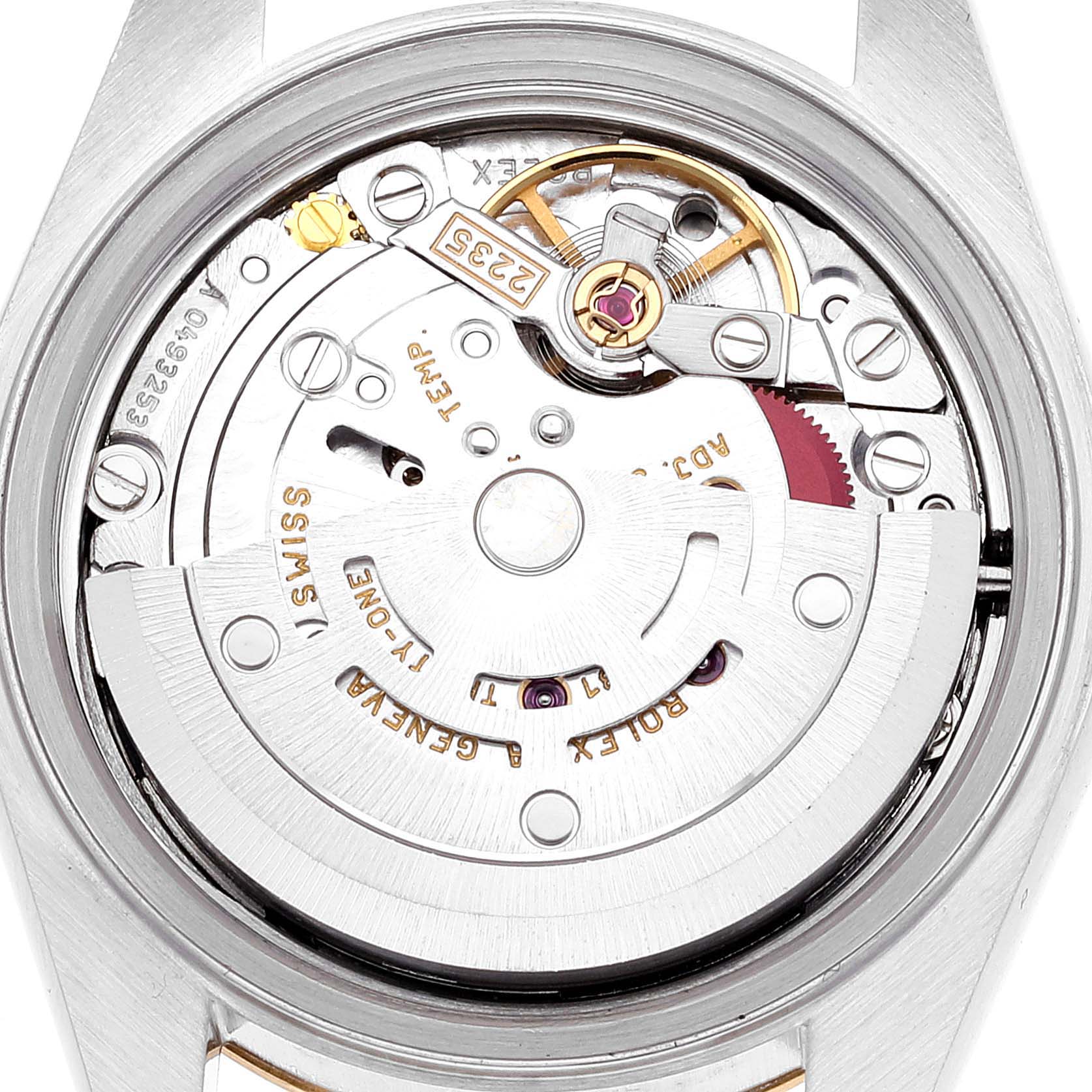 The image shows the back view of the Rolex Datejust 79173 Women's Steel and Gold (two tone) Black Dial 79173 Women's Steel and Gold (two tone) Black Dial model, highlighting its intricate movement and inner mechanical parts.