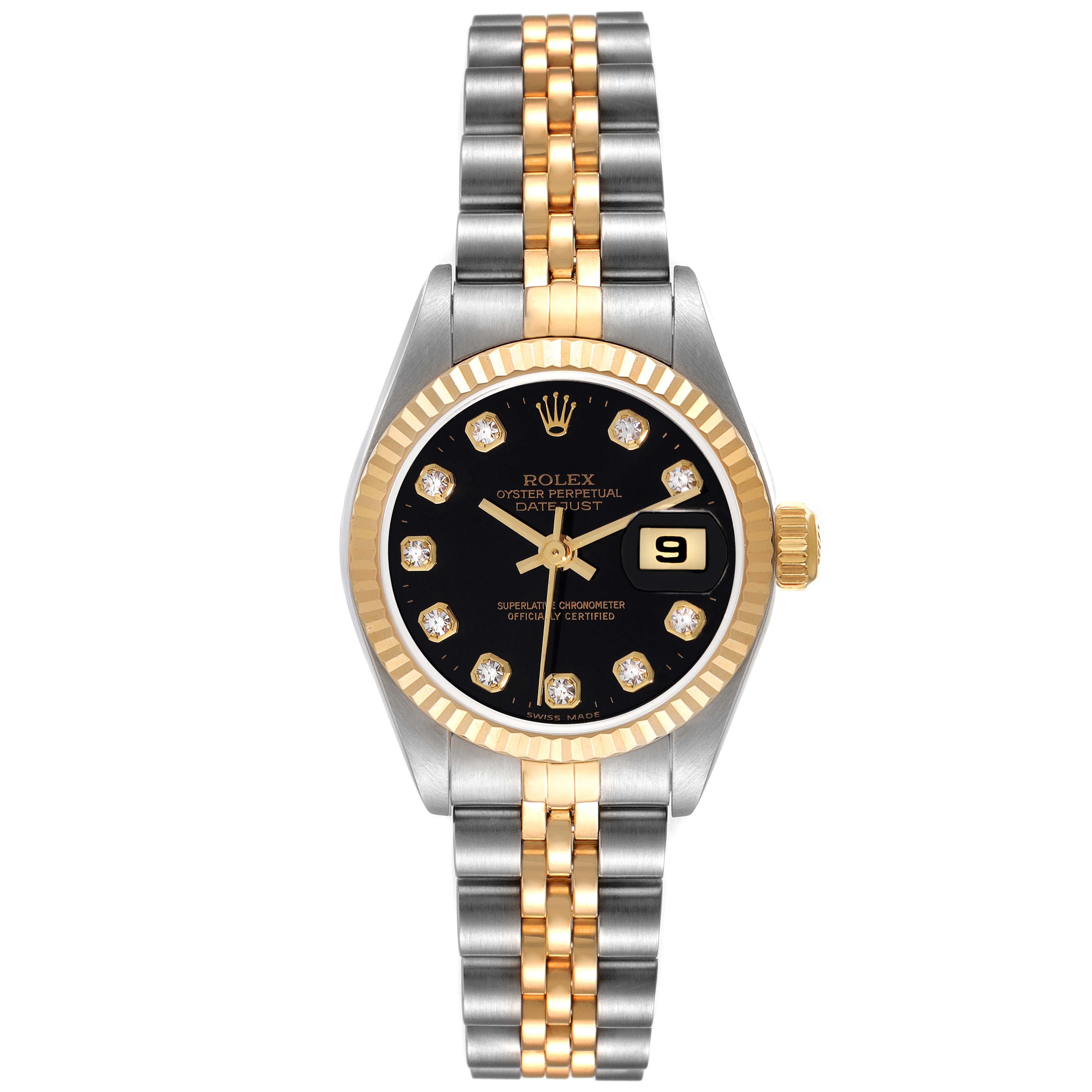 The image shows a front view of a Rolex Datejust 79173 Women's Steel and Gold (two tone) Black Dial 79173 Women's Steel and Gold (two tone) Black Dial watch with a black dial, diamond hour markers, and a two-tone bracelet.