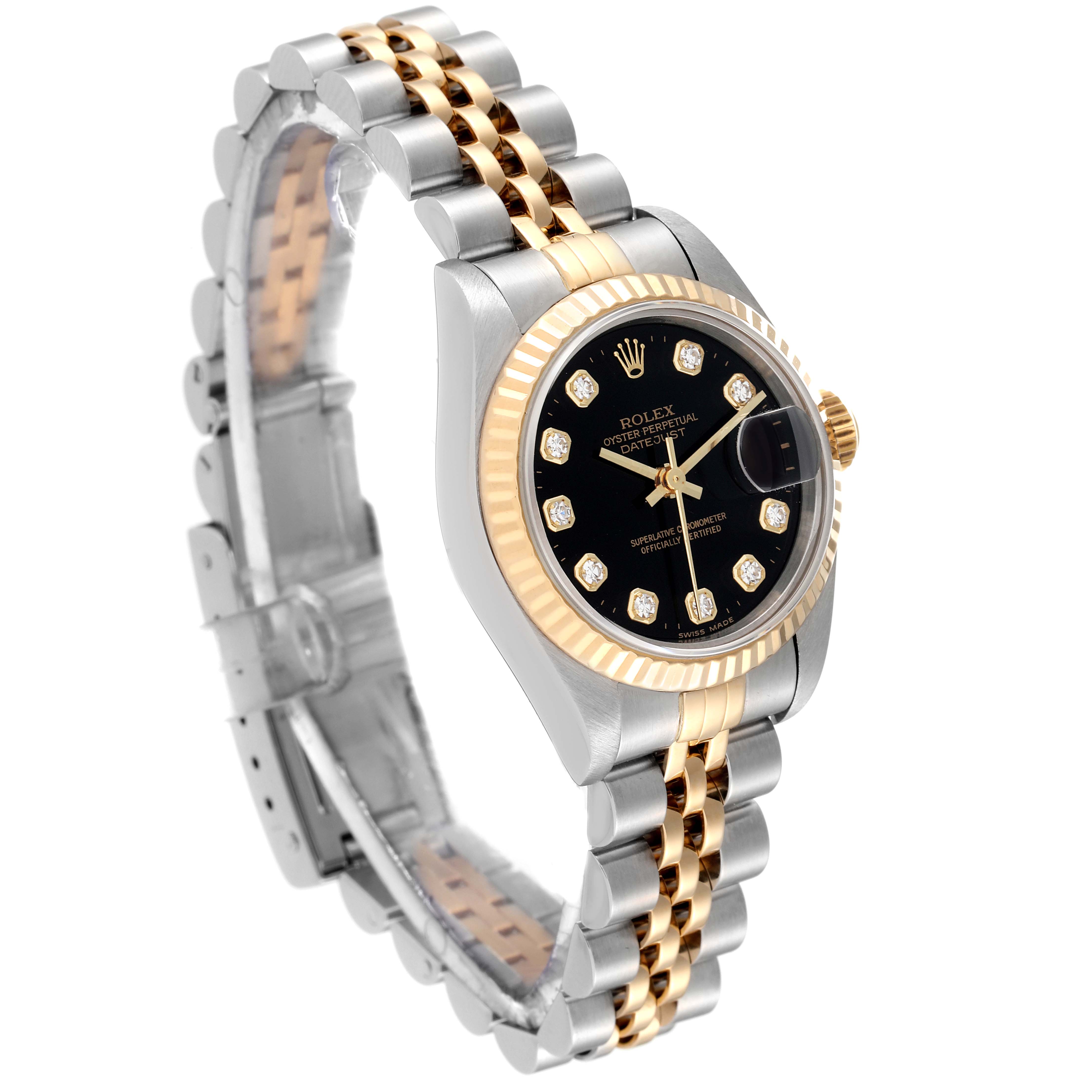 The Rolex Datejust 79173 Women's Steel and Gold (two tone) Black Dial 79173 Women's Steel and Gold (two tone) Black Dial watch is shown at an angled view, highlighting the black dial, fluted bezel, jubilee bracelet, and diamond hour markers.
