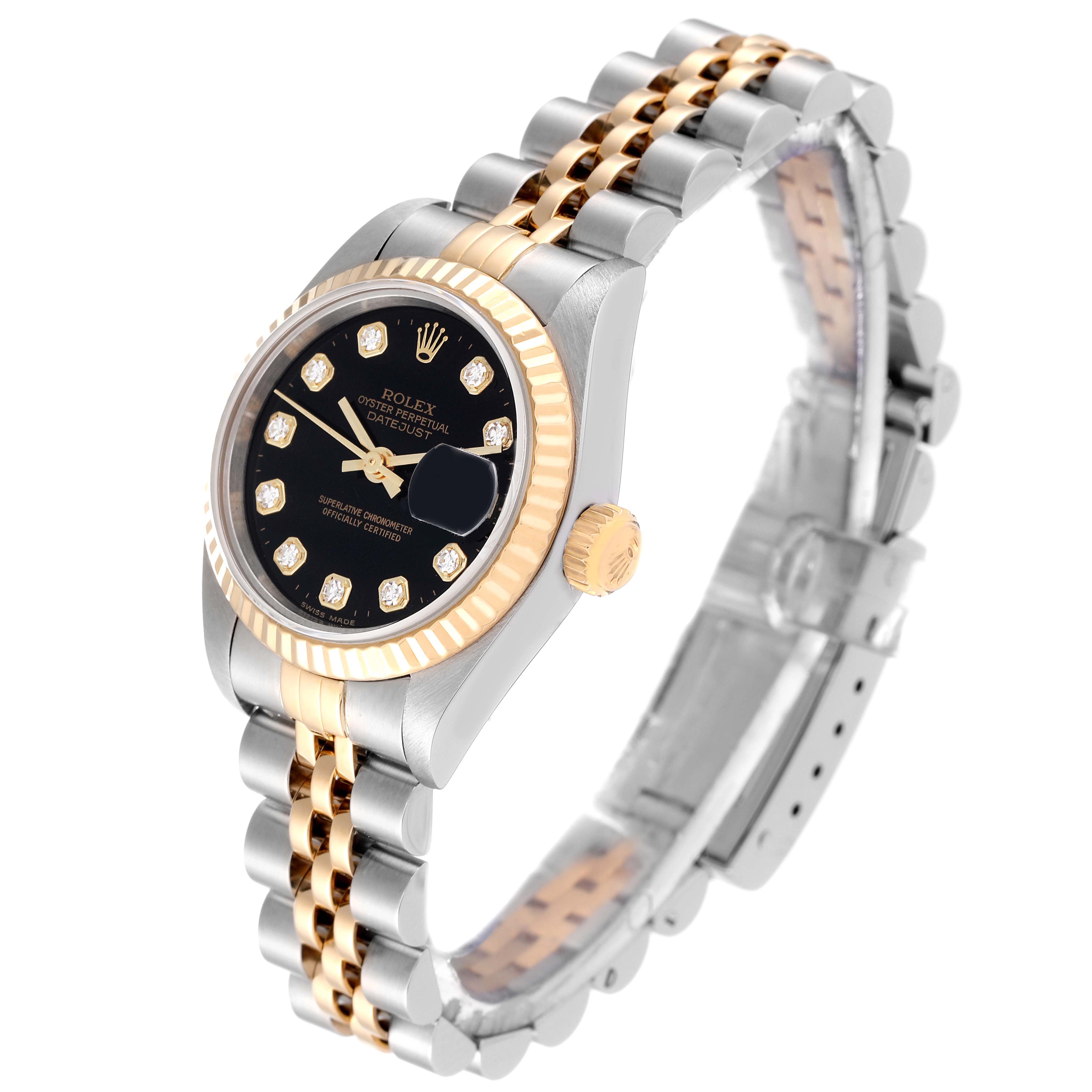 This image shows a Rolex Datejust 79173 Women's Steel and Gold (two tone) Black Dial 79173 Women's Steel and Gold (two tone) Black Dial watch at a three-quarter angle, highlighting its black dial, two-tone gold and stainless steel bracelet, and fluted bezel.