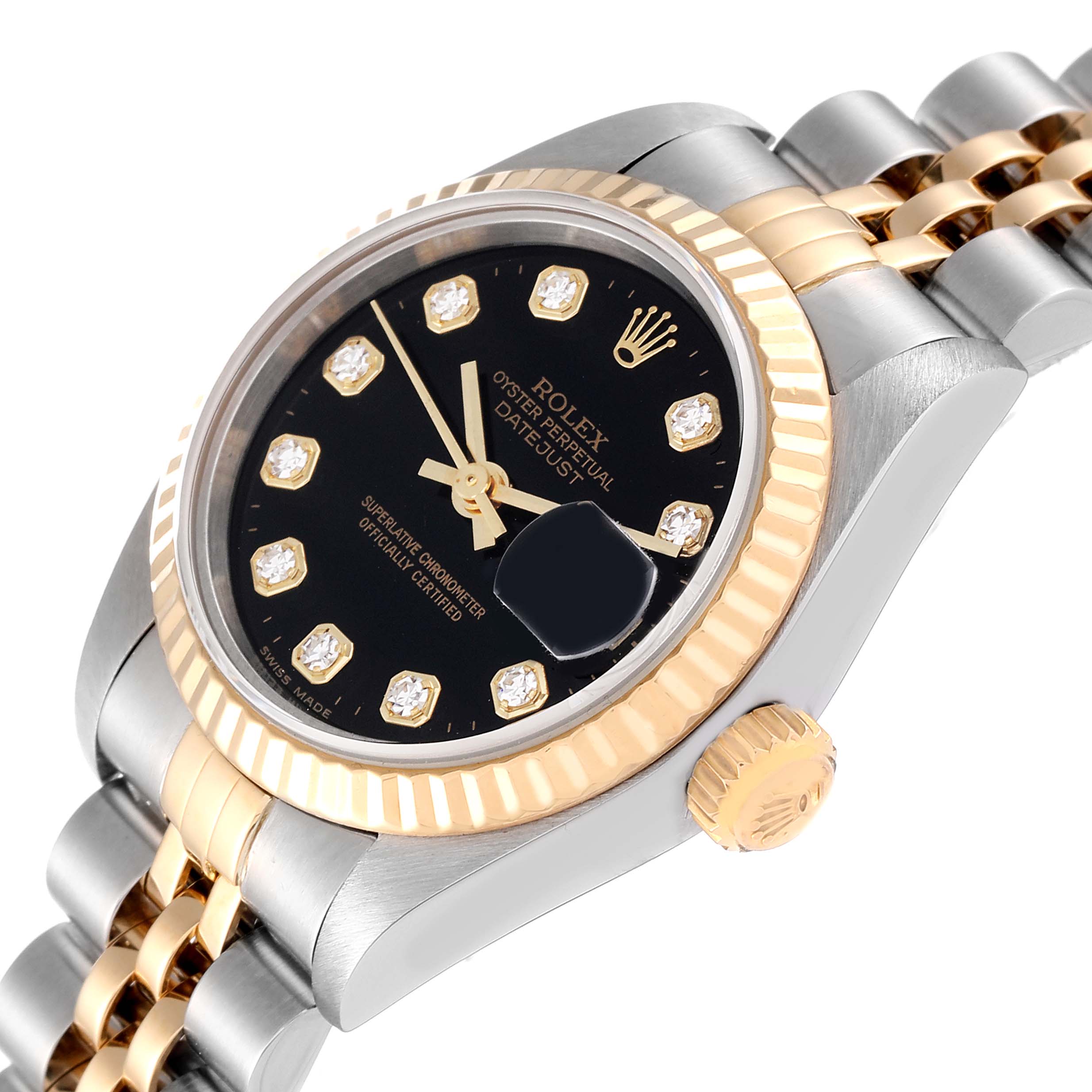 The Rolex Datejust 79173 Women's Steel and Gold (two tone) Black Dial 79173 Women's Steel and Gold (two tone) Black Dial watch is shown at an angle highlighting its face, bezel, crown, and part of its two-tone bracelet.