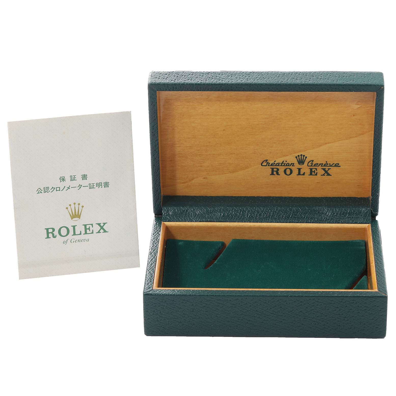 This image shows a green and wooden Rolex Vintage Collection 1601 Men's Steel and Gold (two tone) Champagne Dial 1601 Men's Steel and Gold (two tone) Champagne Dial watch box with a certificate beside it.