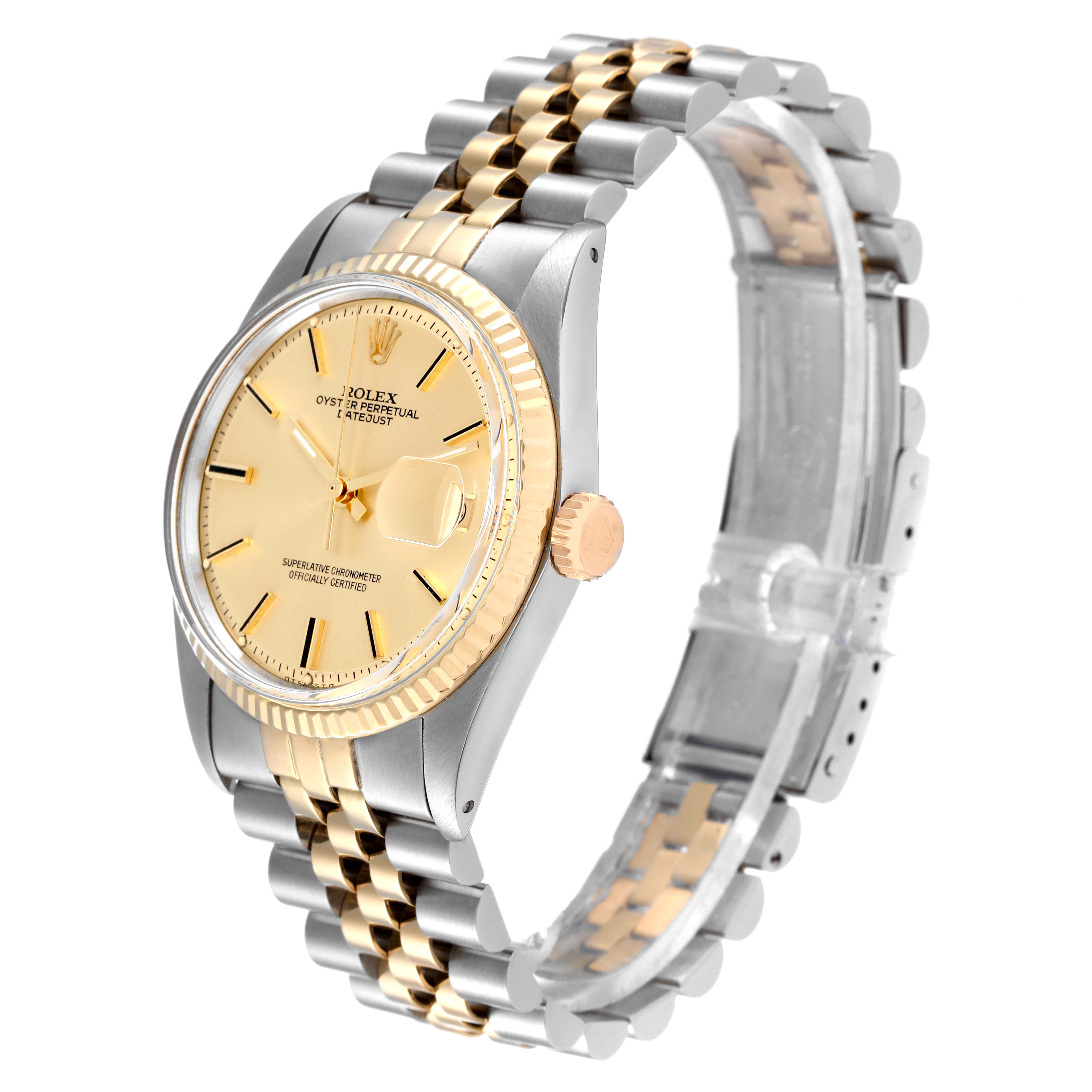 The Rolex Vintage Collection 1601 Men's Steel and Gold (two tone) Champagne Dial 1601 Men's Steel and Gold (two tone) Champagne Dial model watch is shown at an angle highlighting the face, bezel, crown, and two-tone bracelet.