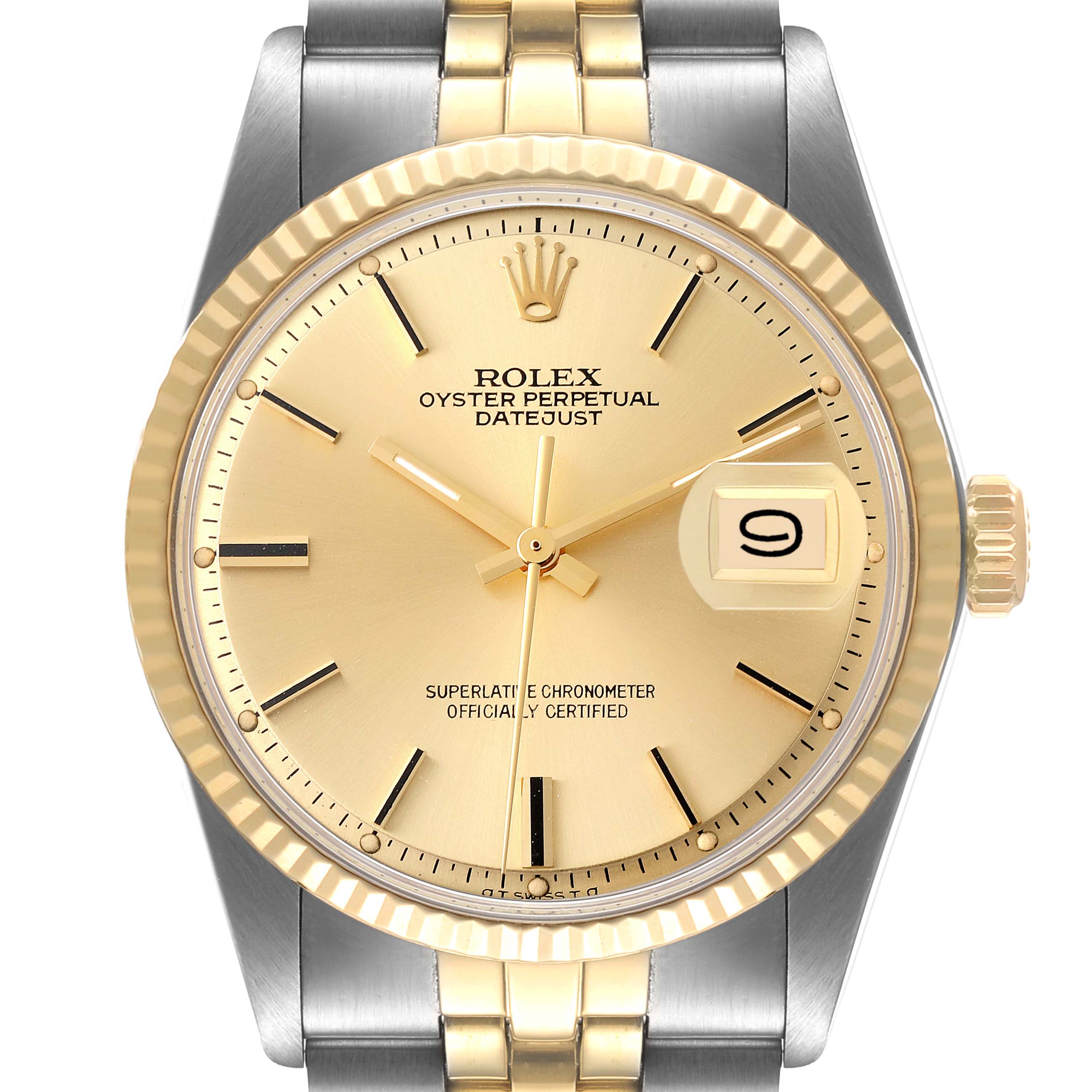 This image shows a close-up of the Rolex Vintage Collection 1601 Men's Steel and Gold (two tone) Champagne Dial 1601 Men's Steel and Gold (two tone) Champagne Dial Oyster Perpetual Datejust watch's face and part of its bracelet.