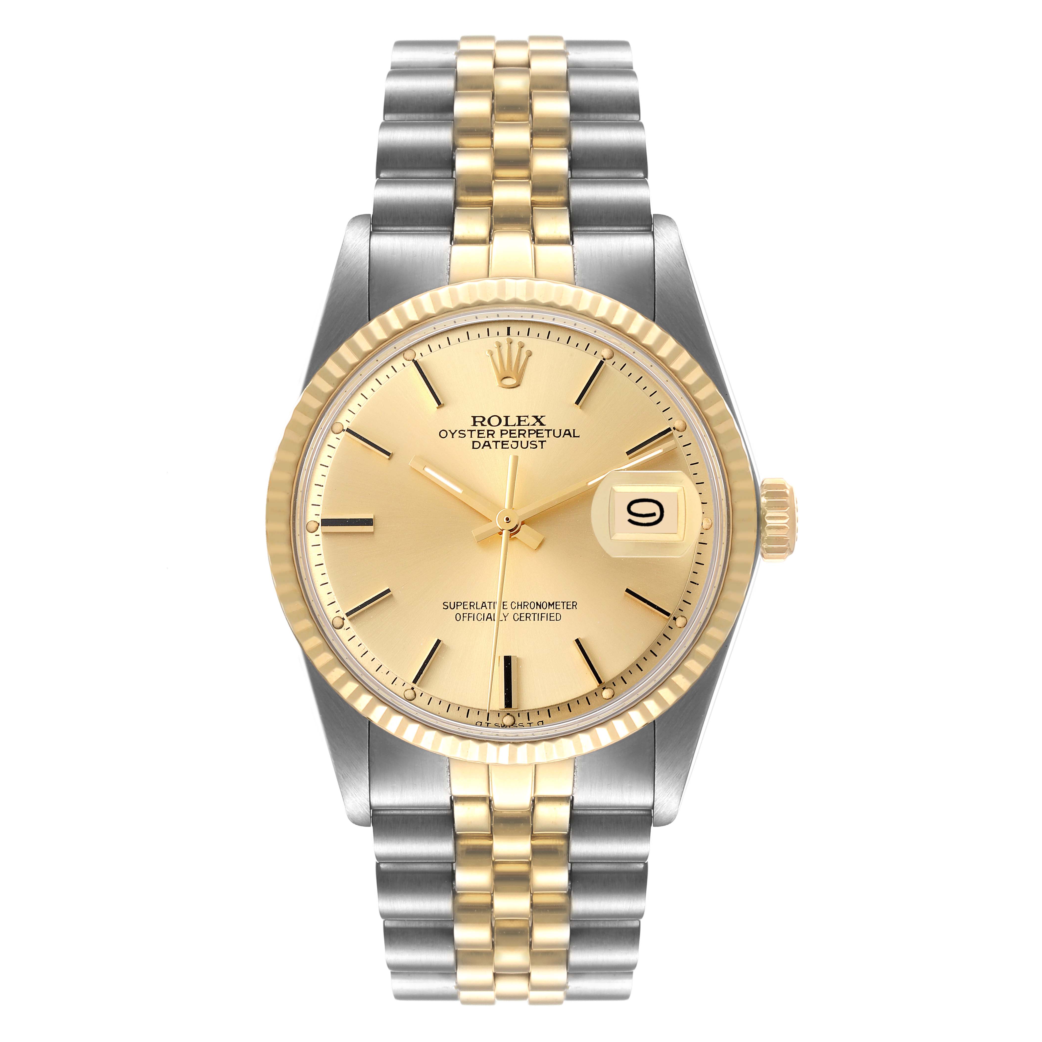 This image shows a frontal view of the Rolex Vintage Collection 1601 Men's Steel and Gold (two tone) Champagne Dial 1601 Men's Steel and Gold (two tone) Champagne Dial Oyster Perpetual Datejust, highlighting the dial, bezel, and bracelet.