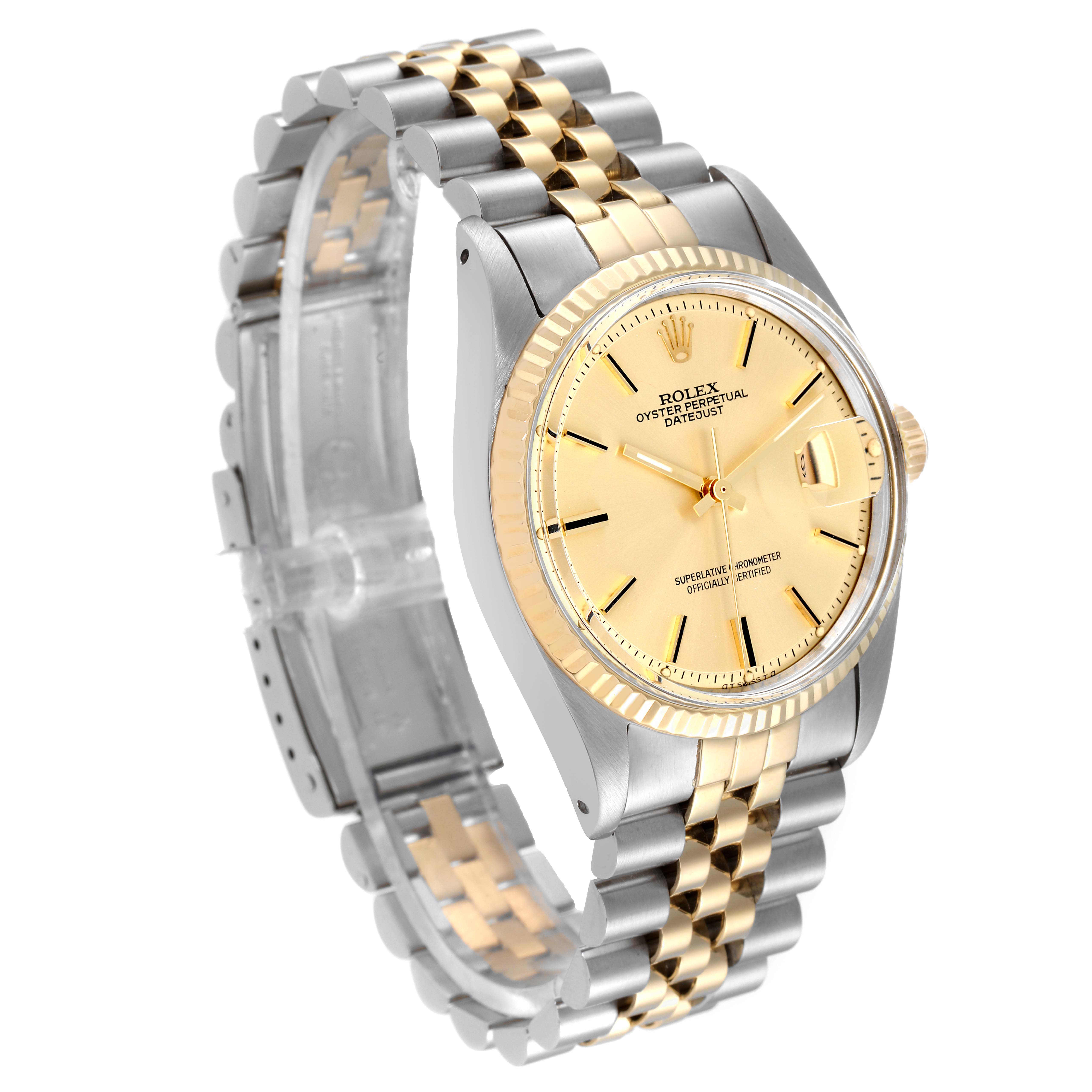 The Rolex Vintage Collection 1601 Men's Steel and Gold (two tone) Champagne Dial 1601 Men's Steel and Gold (two tone) Champagne Dial watch is shown at an angle displaying the face, dial, bezel, and two-tone bracelet.