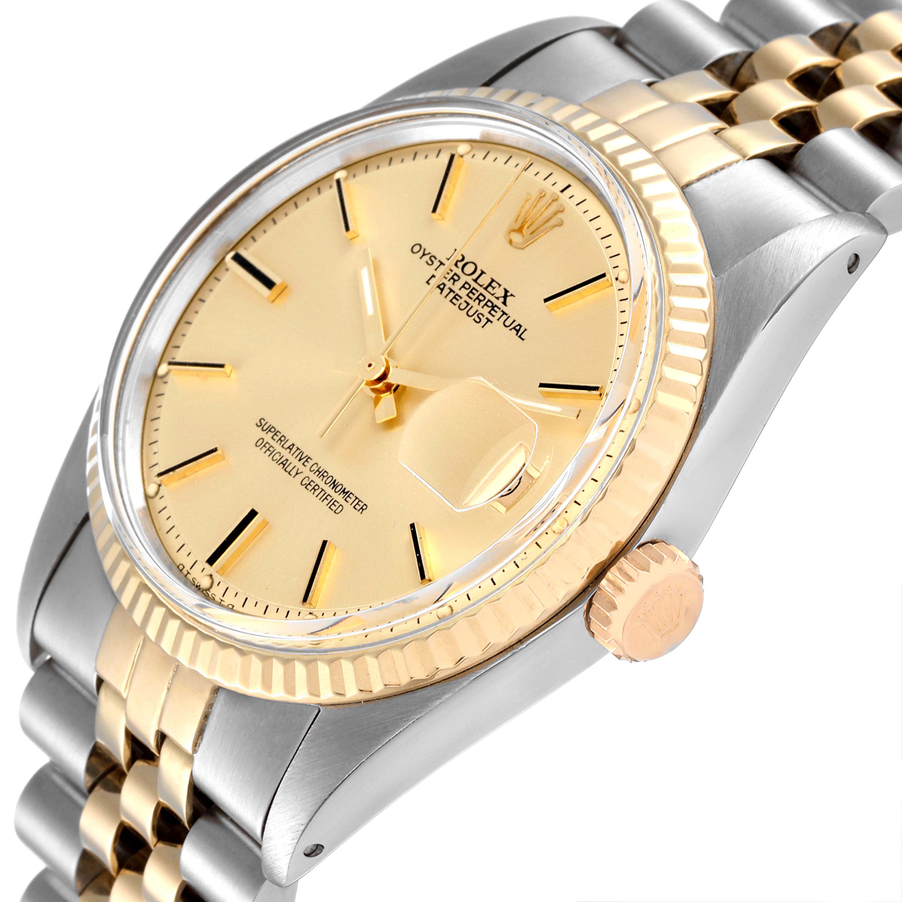 The image shows a side angle of the Rolex Vintage Collection 1601 Men's Steel and Gold (two tone) Champagne Dial 1601 Men's Steel and Gold (two tone) Champagne Dial watch, highlighting its dial, bezel, crown, and bracelet.