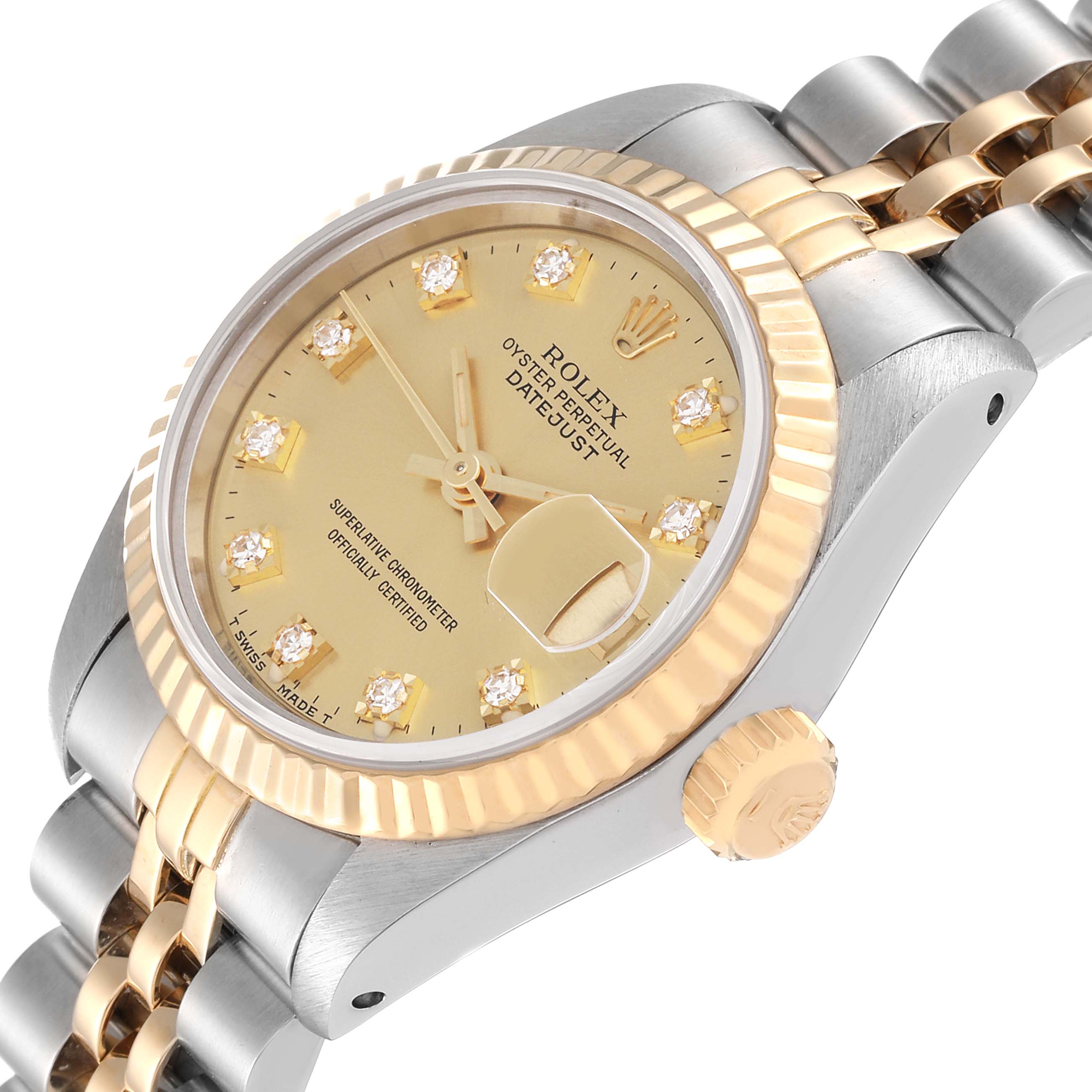 This angled view of the Rolex Datejust 69173 Women's Steel and Gold (two tone) Champagne Dial 69173 Women's Steel and Gold (two tone) Champagne Dial watch shows the face, fluted bezel, crown, and jubilee bracelet.