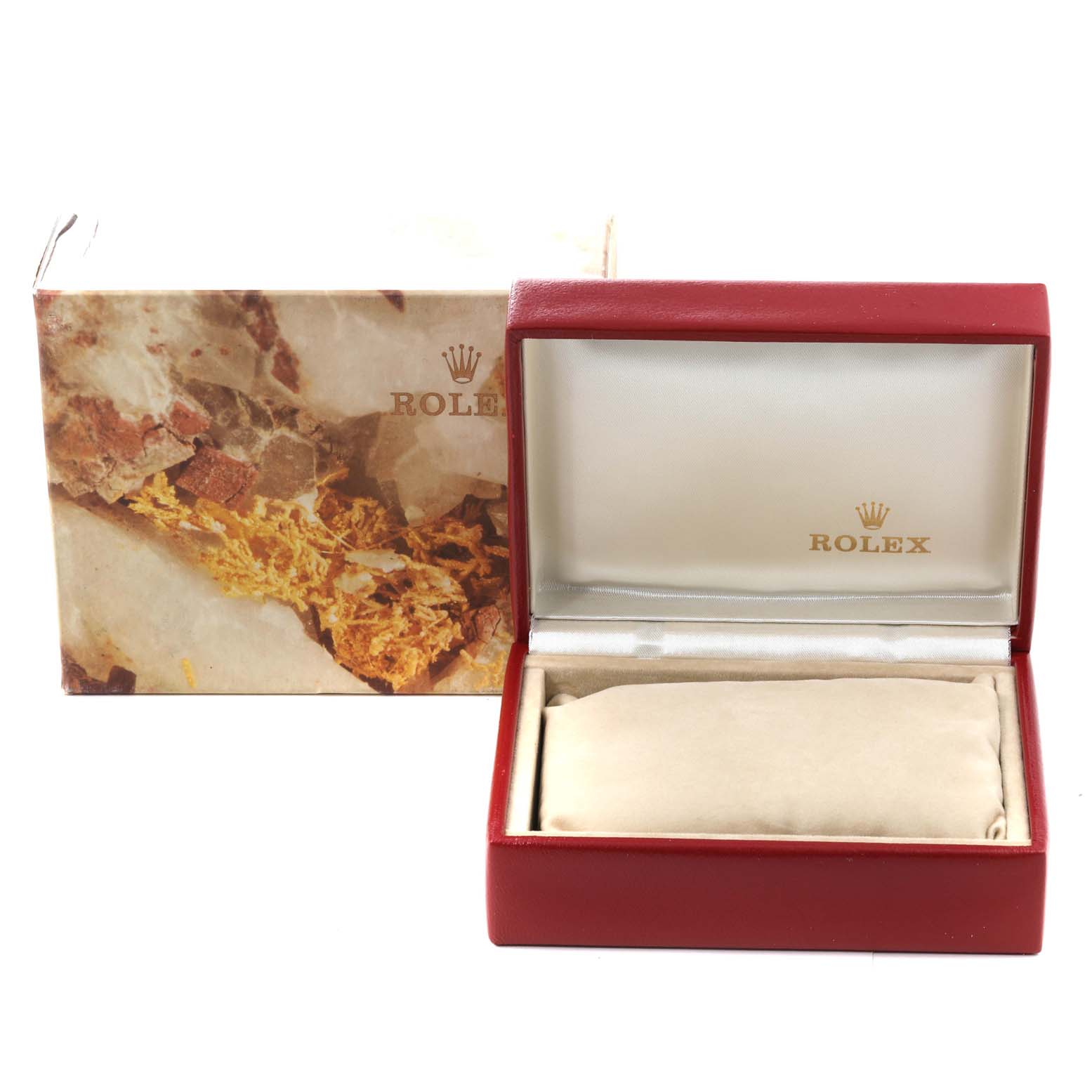 The image shows a Rolex Datejust 69173 Women's Steel and Gold (two tone) Champagne Dial 69173 Women's Steel and Gold (two tone) Champagne Dial watch box and cushion viewed from the front, with the logo inside the open box lid.