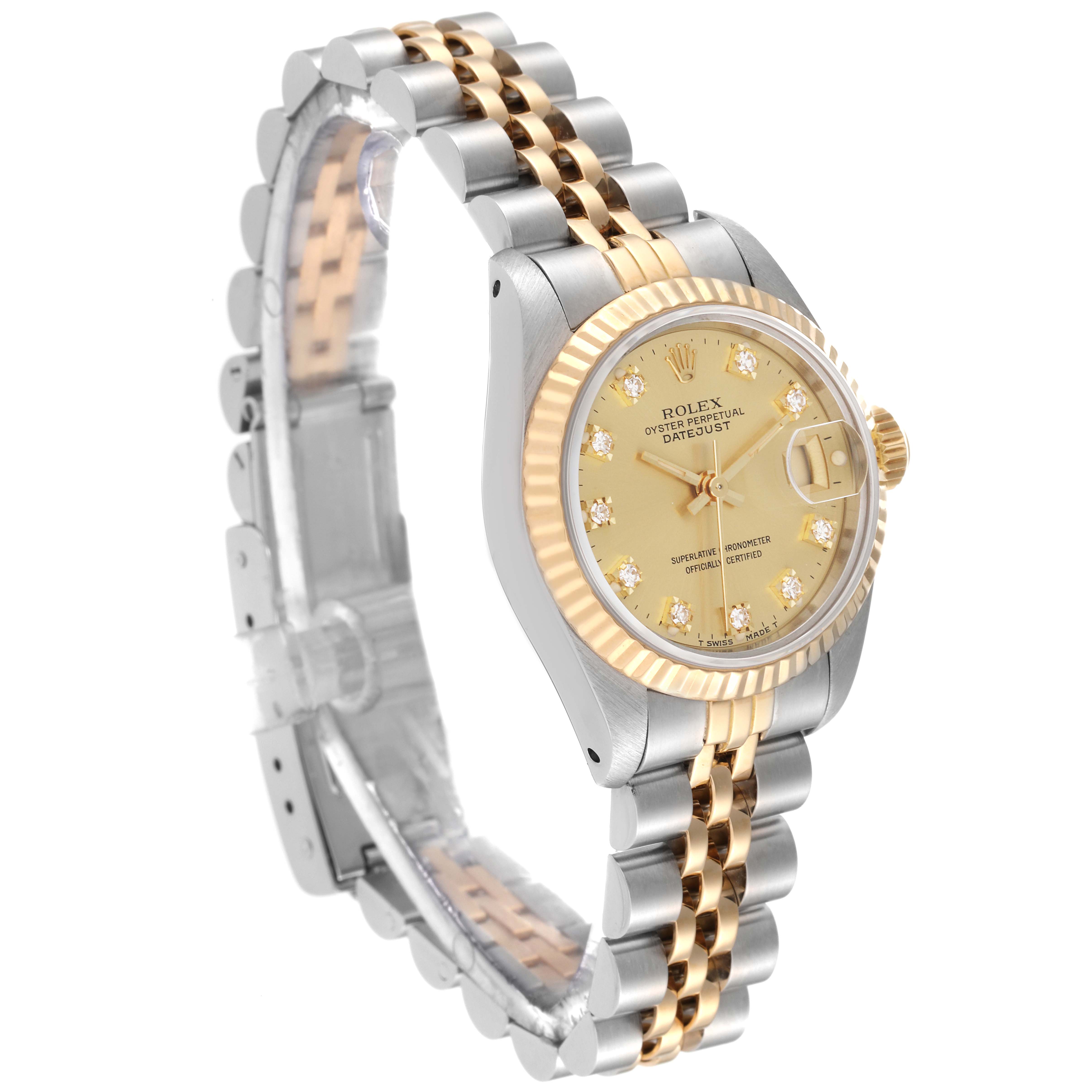 The image shows a side angle view of a Rolex Datejust 69173 Women's Steel and Gold (two tone) Champagne Dial 69173 Women's Steel and Gold (two tone) Champagne Dial watch, highlighting its face, bracelet, and fluted bezel.