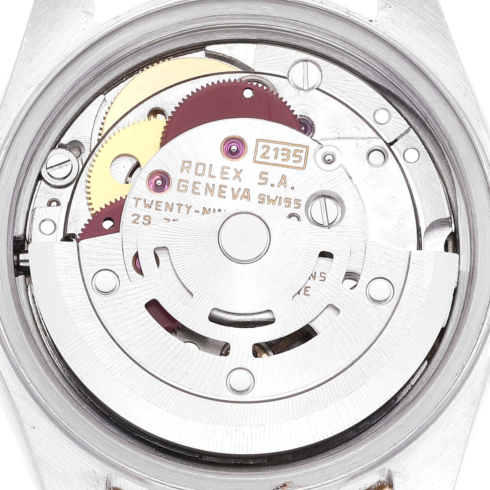 This image shows the inner mechanical movement of a Rolex Datejust 69173 Women's Steel and Gold (two tone) Champagne Dial 69173 Women's Steel and Gold (two tone) Champagne Dial watch from a close-up angle.