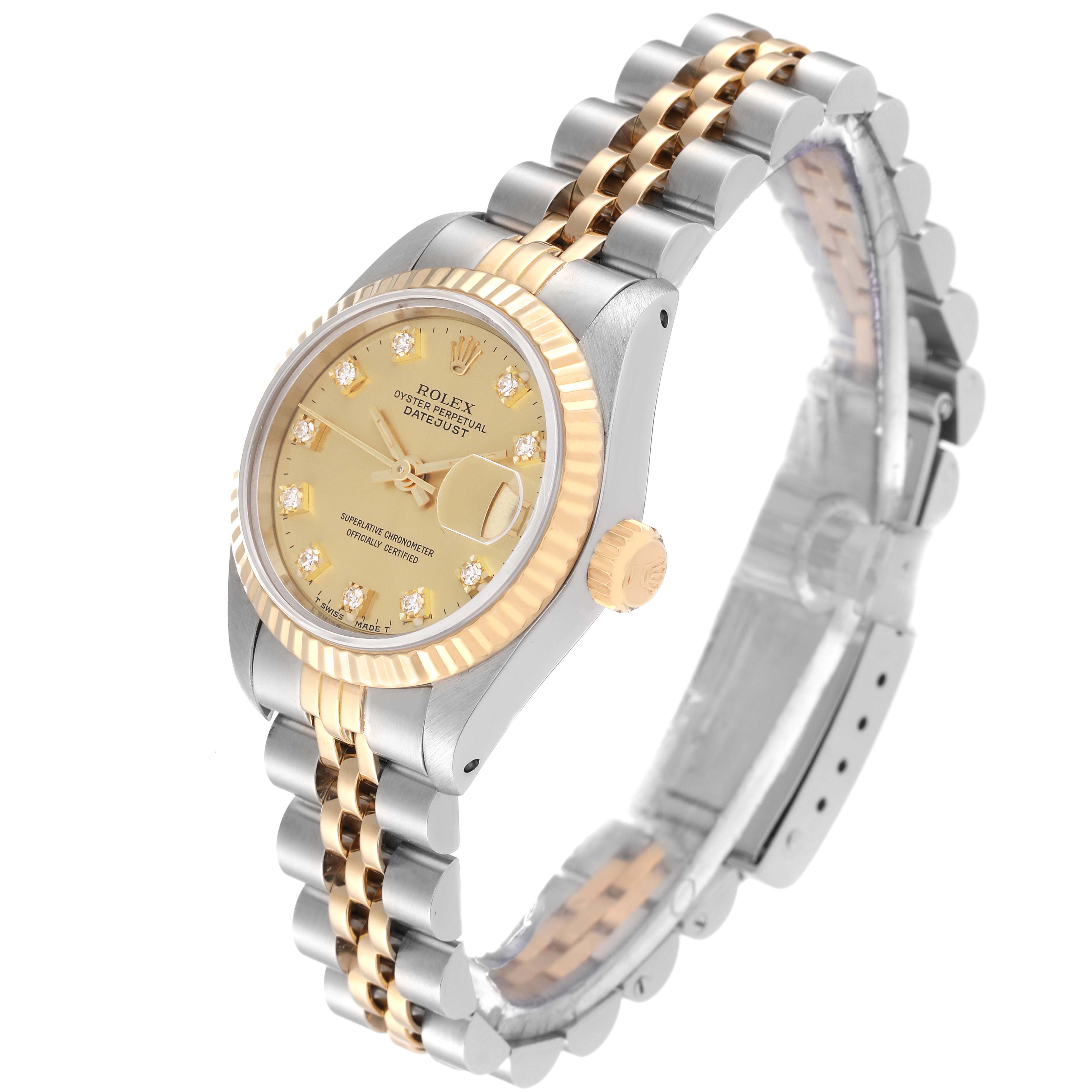 This image shows a Rolex Datejust 69173 Women's Steel and Gold (two tone) Champagne Dial 69173 Women's Steel and Gold (two tone) Champagne Dial watch at a three-quarter angle, highlighting the gold and silver bracelet, bezel, and dial.