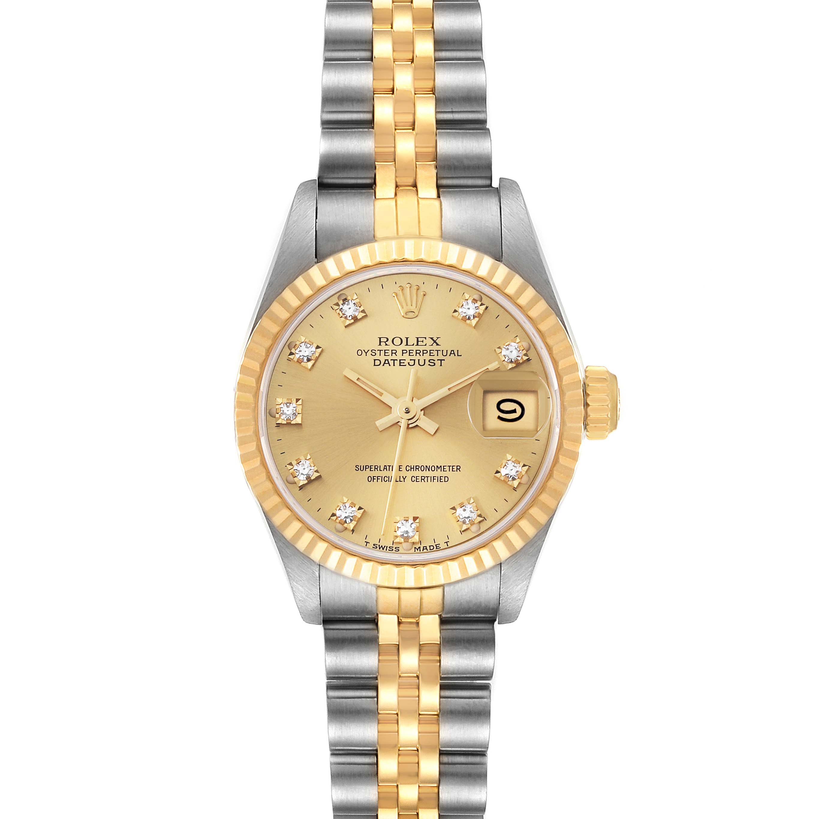The image shows a frontal view of the Rolex Datejust 69173 Women's Steel and Gold (two tone) Champagne Dial 69173 Women's Steel and Gold (two tone) Champagne Dial watch, displaying its dial, bezel, crown, and bracelet.
