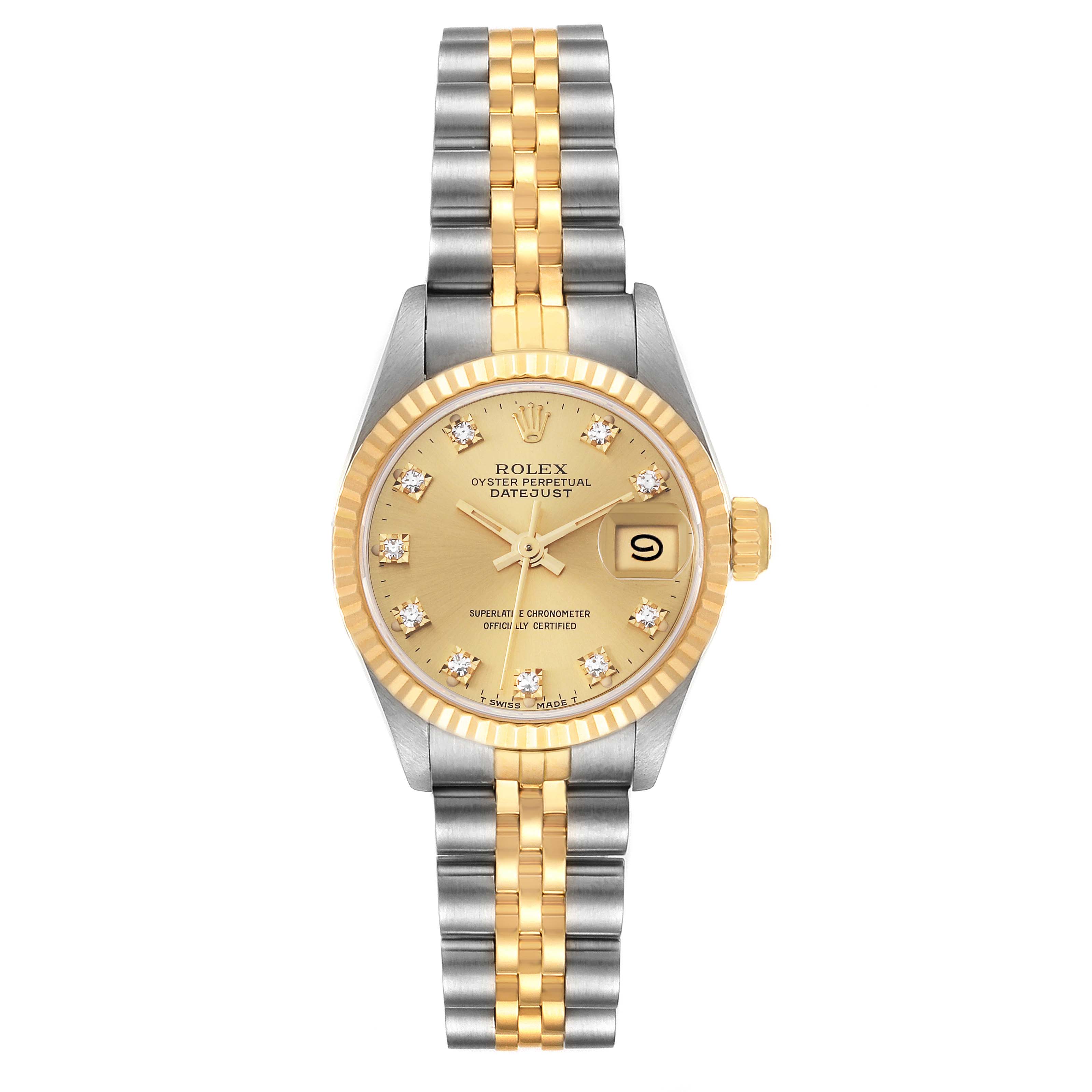 The image shows a front view of a Rolex Datejust 69173 Women's Steel and Gold (two tone) Champagne Dial 69173 Women's Steel and Gold (two tone) Champagne Dial watch, highlighting the dial, bezel, and two-tone bracelet.