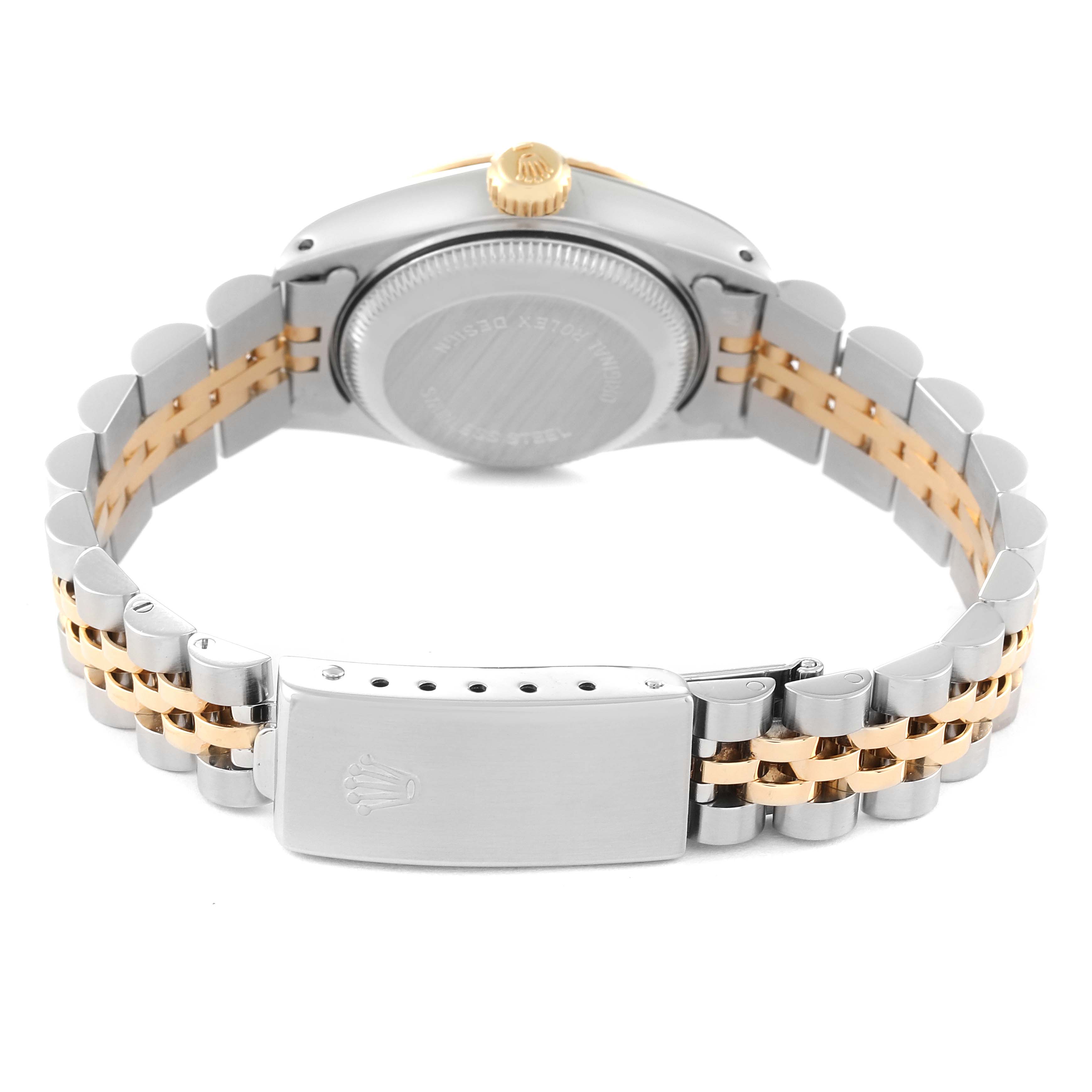 This image shows the back view of a Rolex Datejust 69173 Women's Steel and Gold (two tone) Champagne Dial 69173 Women's Steel and Gold (two tone) Champagne Dial watch, highlighting the case back, crown, and two-tone bracelet with the clasp.