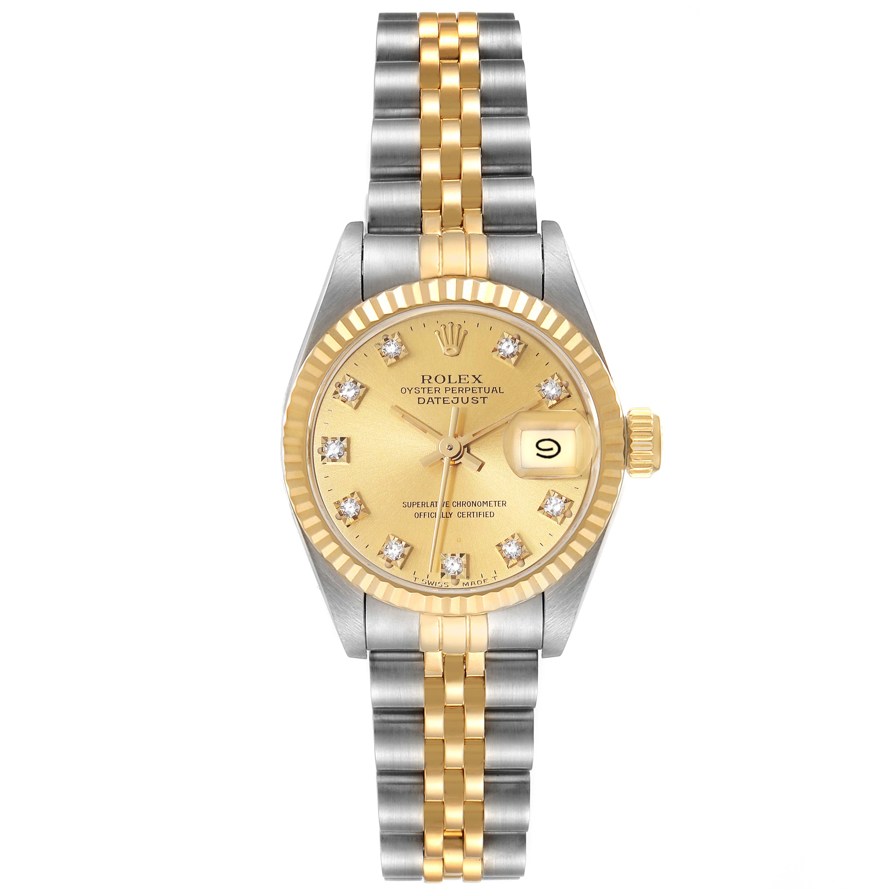 The image shows a front view of a Rolex Datejust 69173 Women's Steel and Gold (two tone) Champagne Dial 69173 Women's Steel and Gold (two tone) Champagne Dial watch, highlighting its gold dial, date window, and two-tone bracelet.