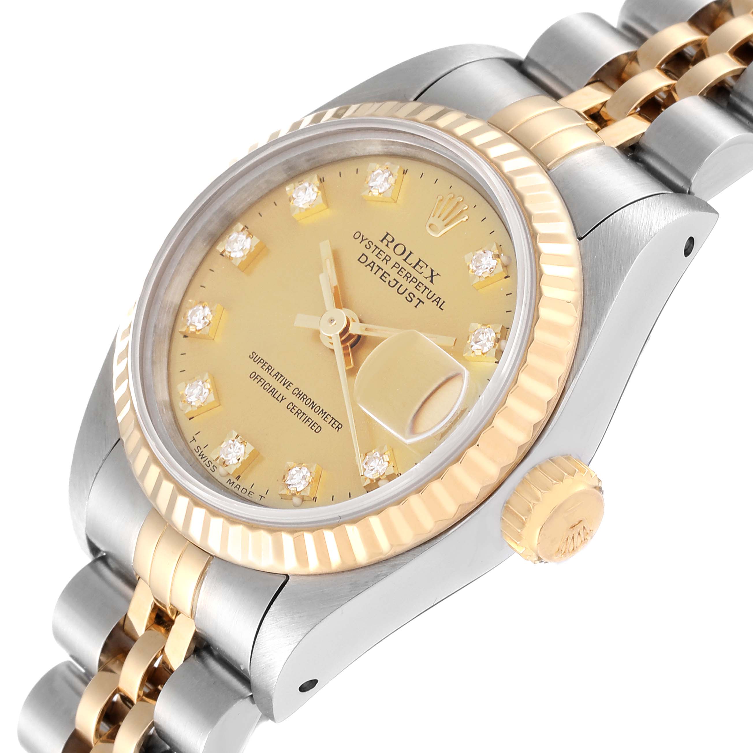 The Rolex Datejust 69173 Women's Steel and Gold (two tone) Champagne Dial 69173 Women's Steel and Gold (two tone) Champagne Dial watch is shown at an angle highlighting its gold bezel, dial, and two-tone bracelet with the crown visible.
