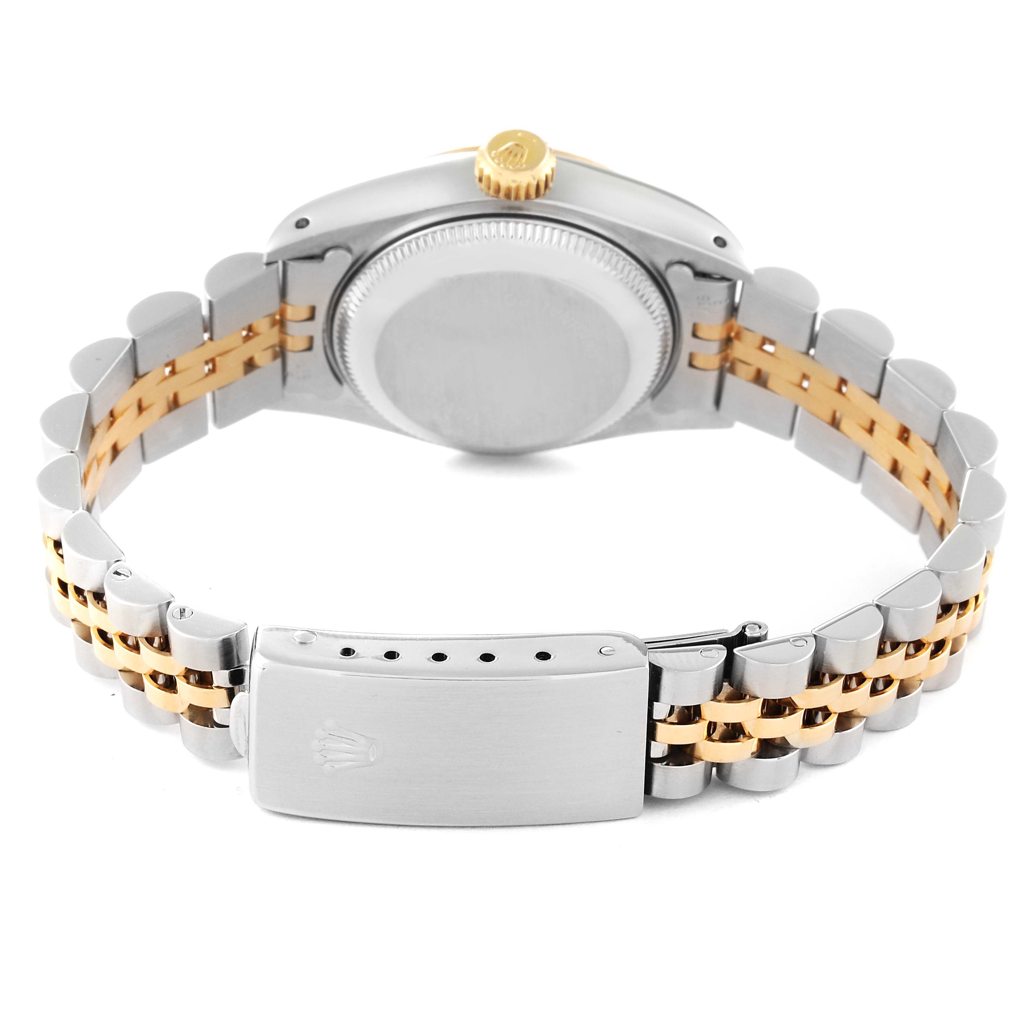 This Rolex Datejust 69173 Women's Steel and Gold (two tone) Champagne Dial 69173 Women's Steel and Gold (two tone) Champagne Dial watch is shown from the back, highlighting its bracelet and the clasp with the Rolex logo.