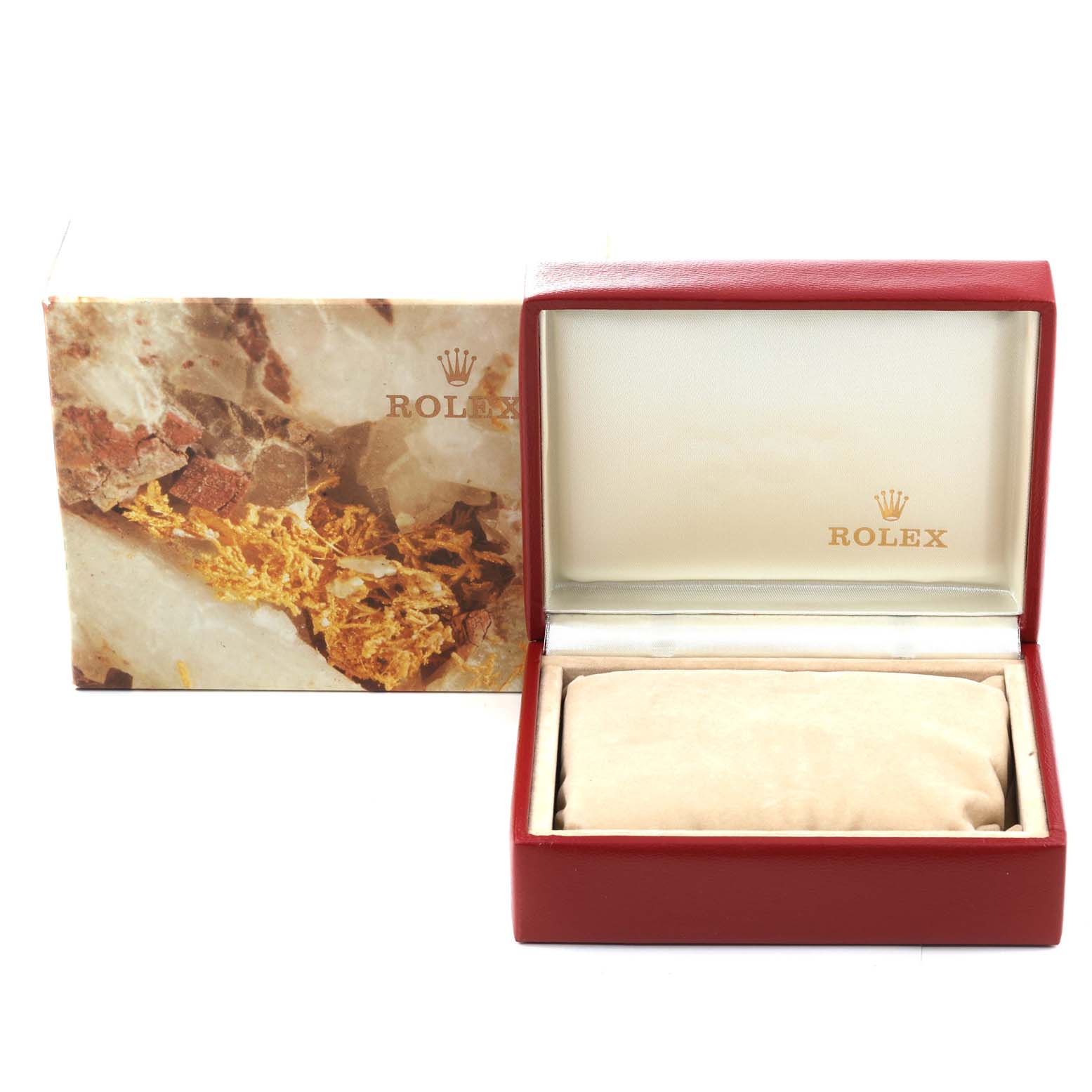 The image shows the packaging of a Rolex Datejust 69173 Women's Steel and Gold (two tone) Champagne Dial 69173 Women's Steel and Gold (two tone) Champagne Dial watch, including the outer box and the open watch case with a cushion.