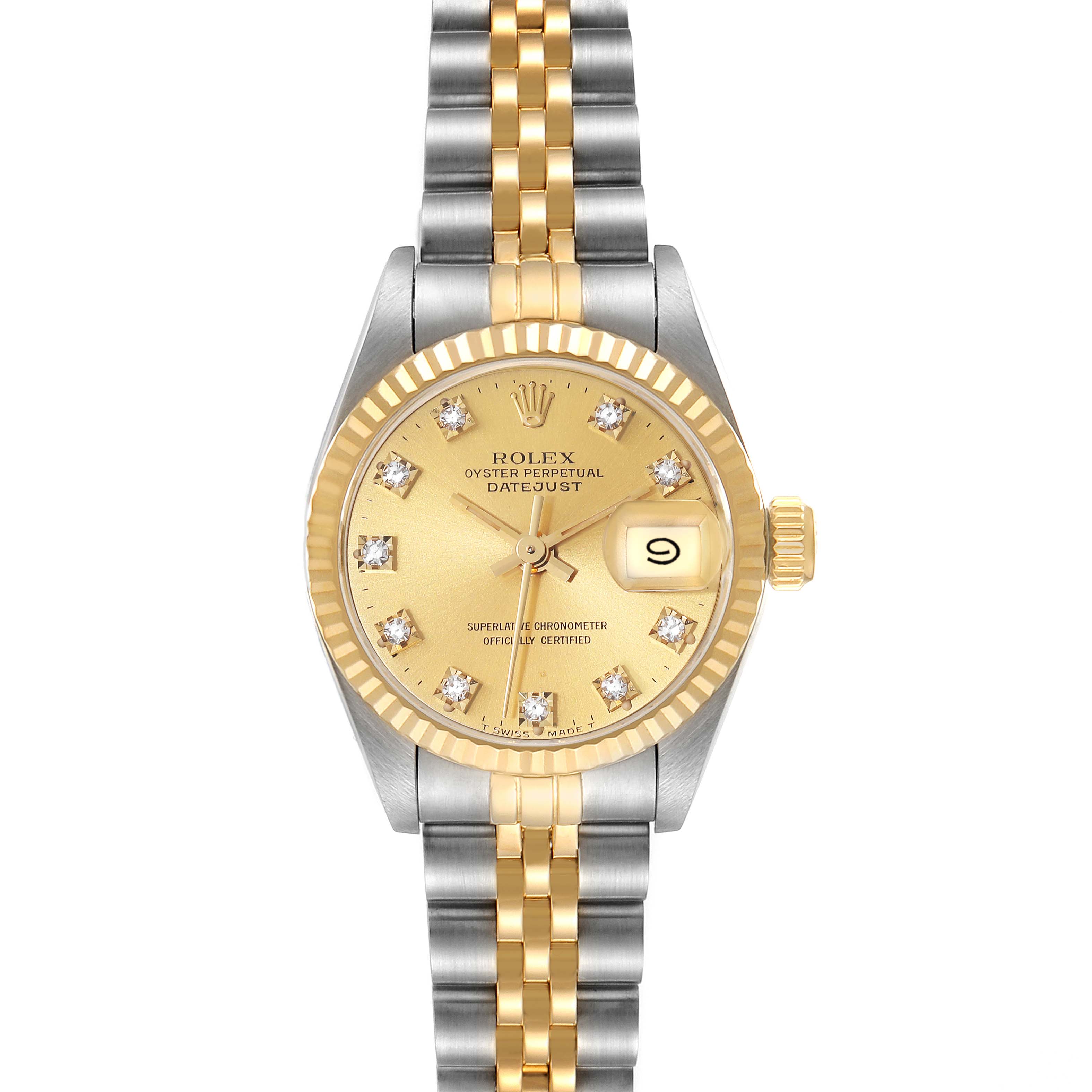 The image shows a Rolex Datejust 69173 Women's Steel and Gold (two tone) Champagne Dial 69173 Women's Steel and Gold (two tone) Champagne Dial watch at a straight-on angle, highlighting the dial, bezel, crown, and bracelet links in gold and silver tones.