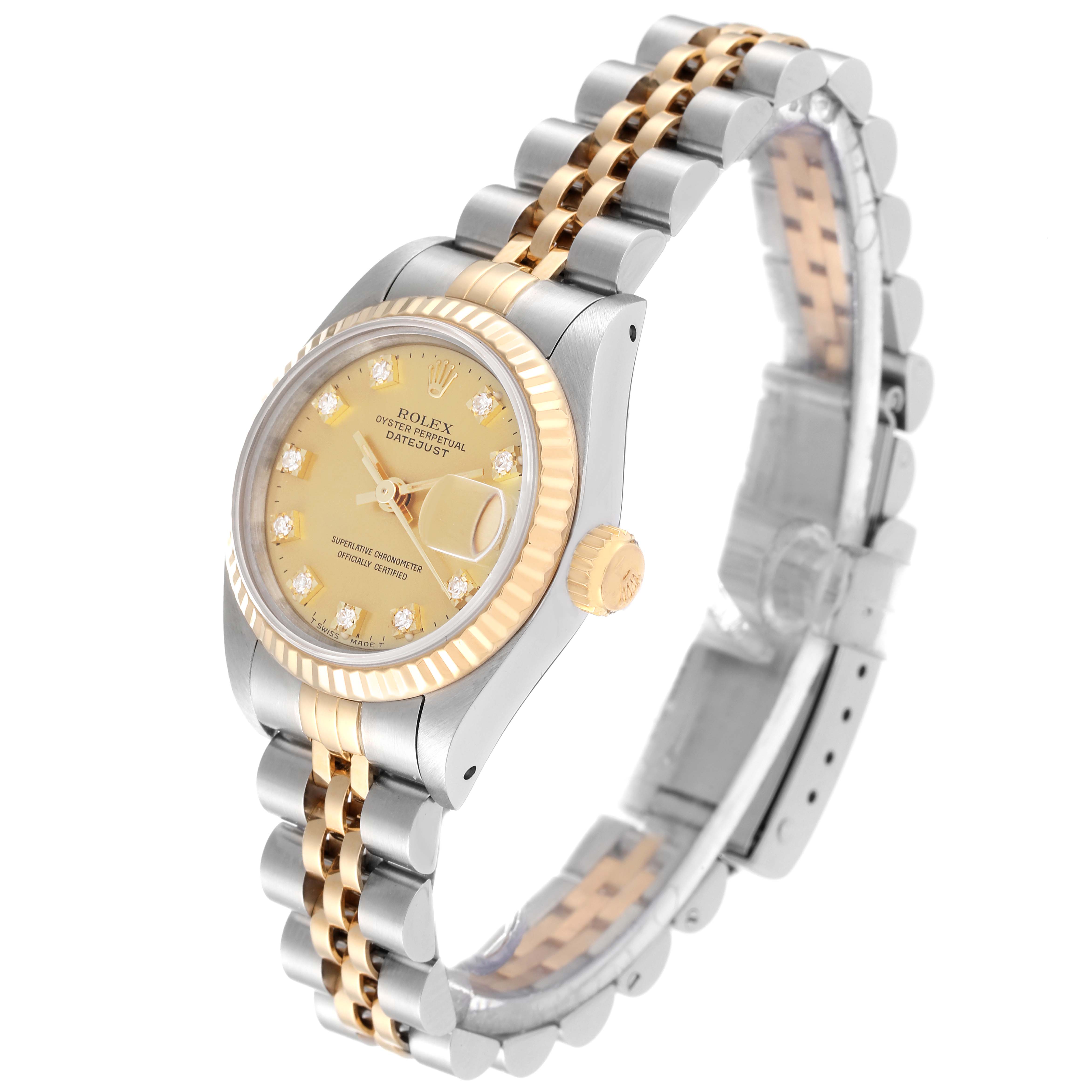 The Rolex Datejust 69173 Women's Steel and Gold (two tone) Champagne Dial 69173 Women's Steel and Gold (two tone) Champagne Dial watch is shown at an angle highlighting the dial, bezel, crown, and two-tone bracelet.