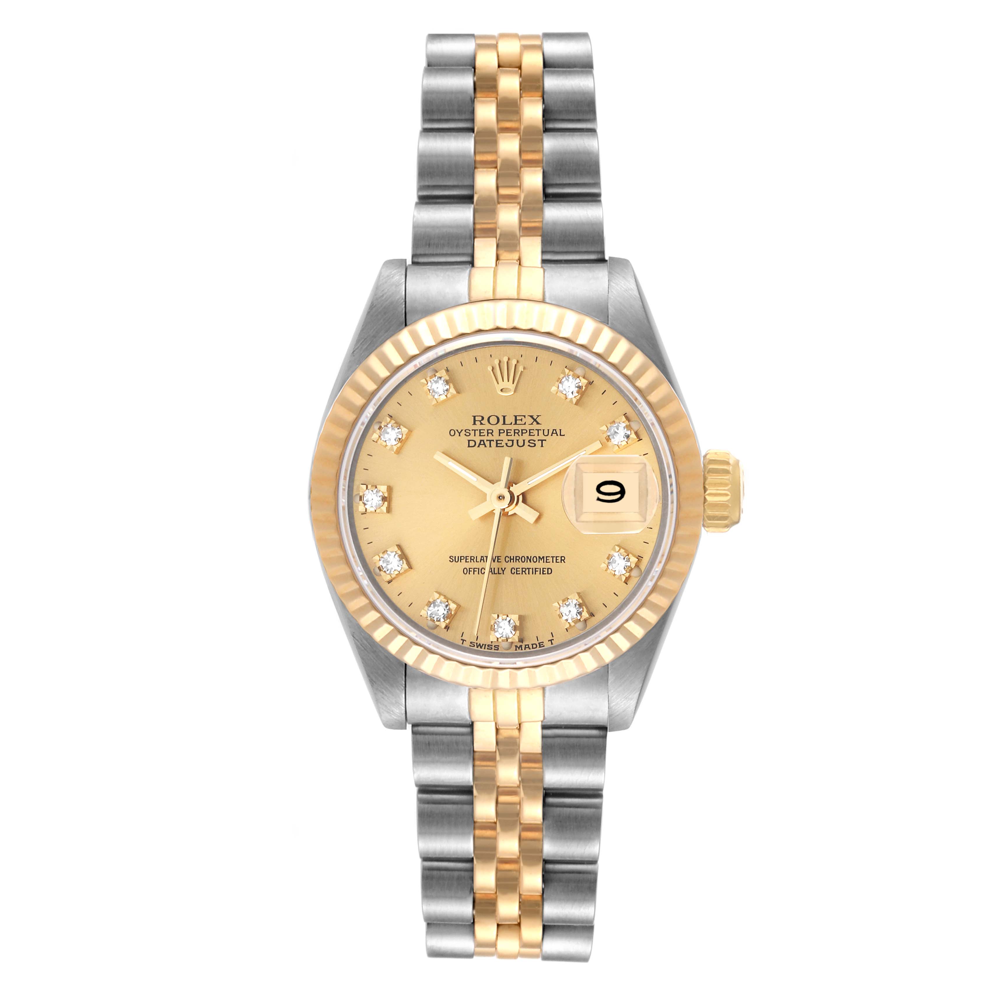 The image shows a front view of the Rolex Datejust 69173 Women's Steel and Gold (two tone) Champagne Dial 69173 Women's Steel and Gold (two tone) Champagne Dial watch, highlighting the dial, fluted bezel, and two-tone bracelet.