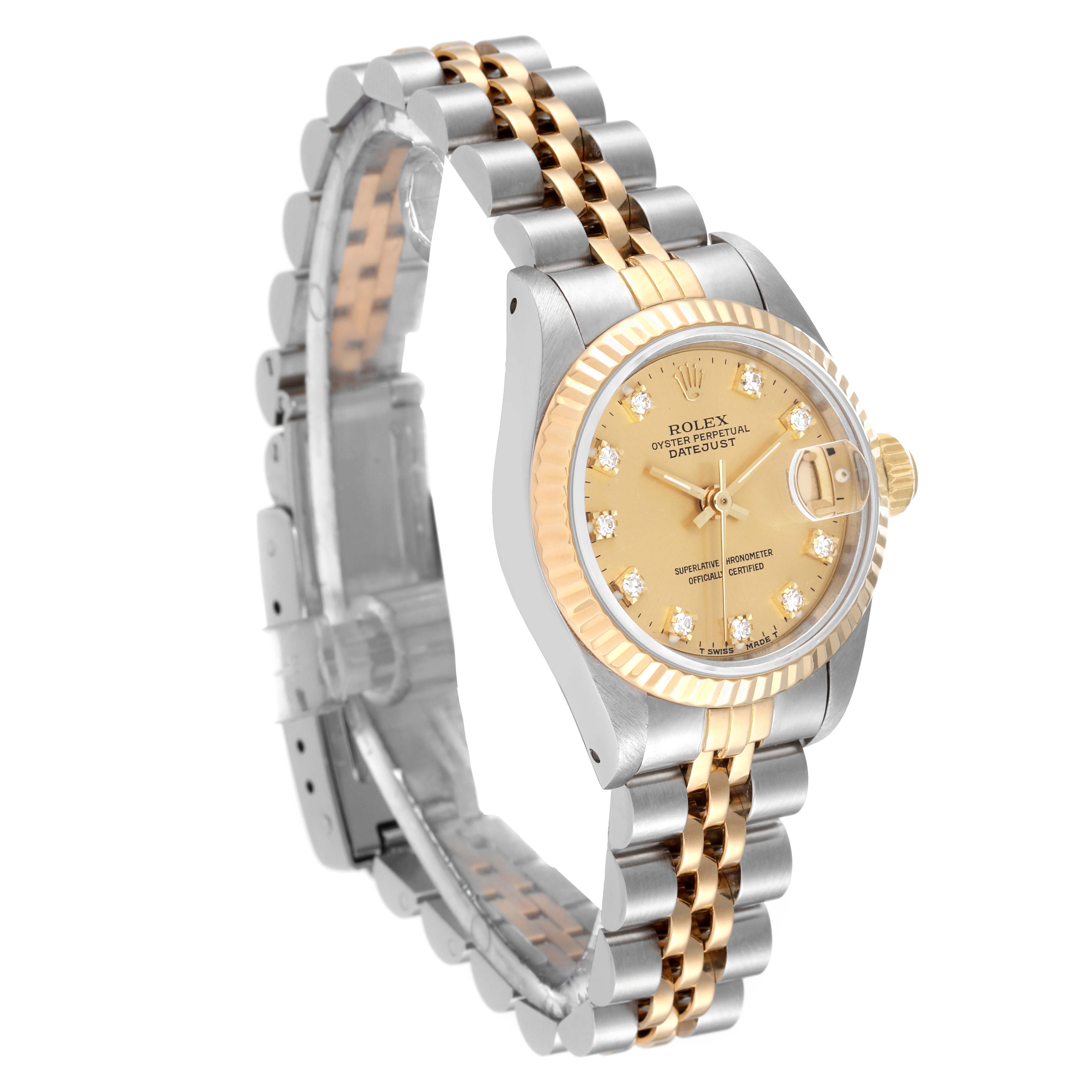 The image shows a side view of a Rolex Datejust 69173 Women's Steel and Gold (two tone) Champagne Dial 69173 Women's Steel and Gold (two tone) Champagne Dial watch, highlighting its two-tone bracelet and gold-accented face.
