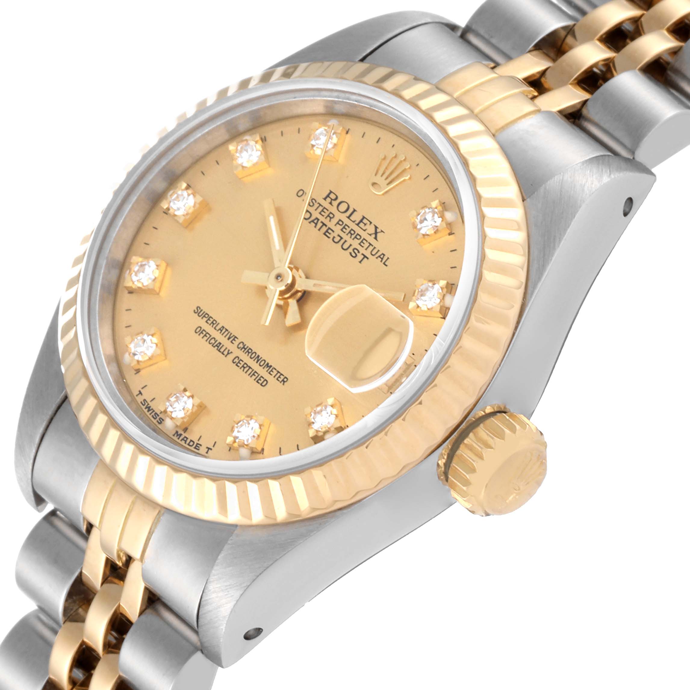 The image shows a close-up of the dial, bezel, crown, and part of the bracelet of a Rolex Datejust 69173 Women's Steel and Gold (two tone) Champagne Dial 69173 Women's Steel and Gold (two tone) Champagne Dial watch.