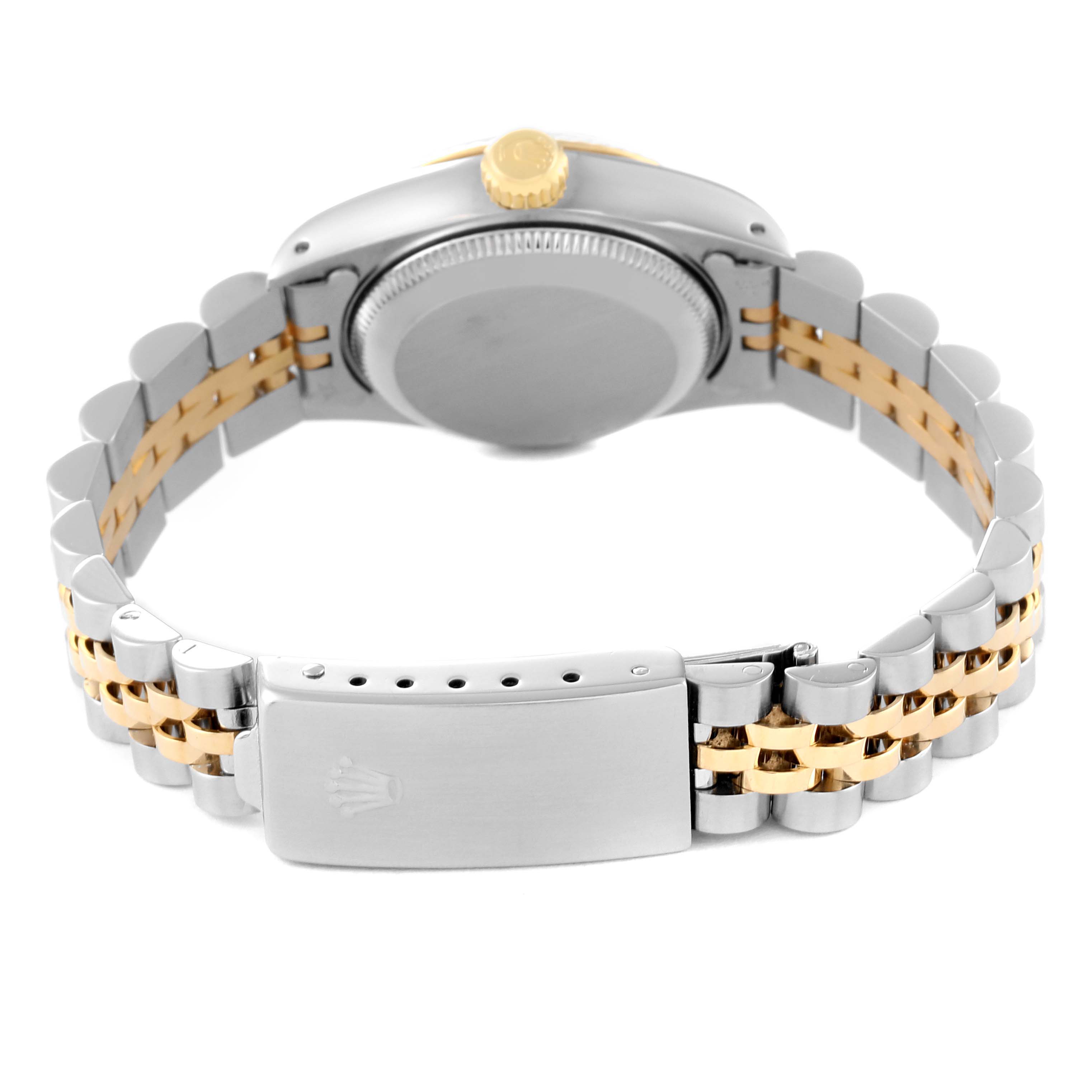This image shows the back of a Rolex Datejust 69173 Women's Steel and Gold (two tone) Champagne Dial 69173 Women's Steel and Gold (two tone) Champagne Dial watch, focusing on the clasp, bracelet, and case back.