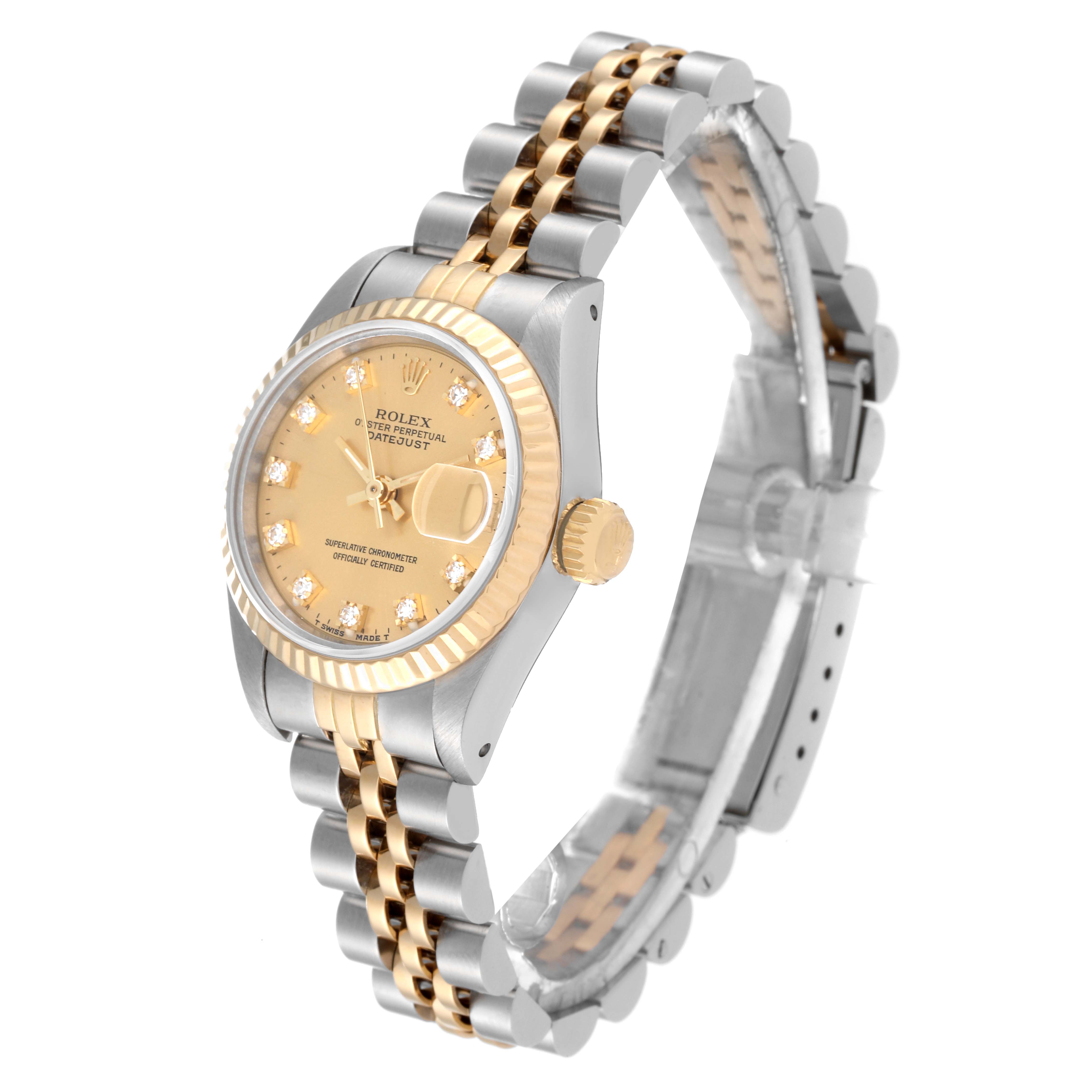 The Rolex Datejust 69173 Women's Steel and Gold (two tone) Champagne Dial 69173 Women's Steel and Gold (two tone) Champagne Dial watch is shown at a three-quarter angle, highlighting its dial, bezel, and two-tone bracelet.