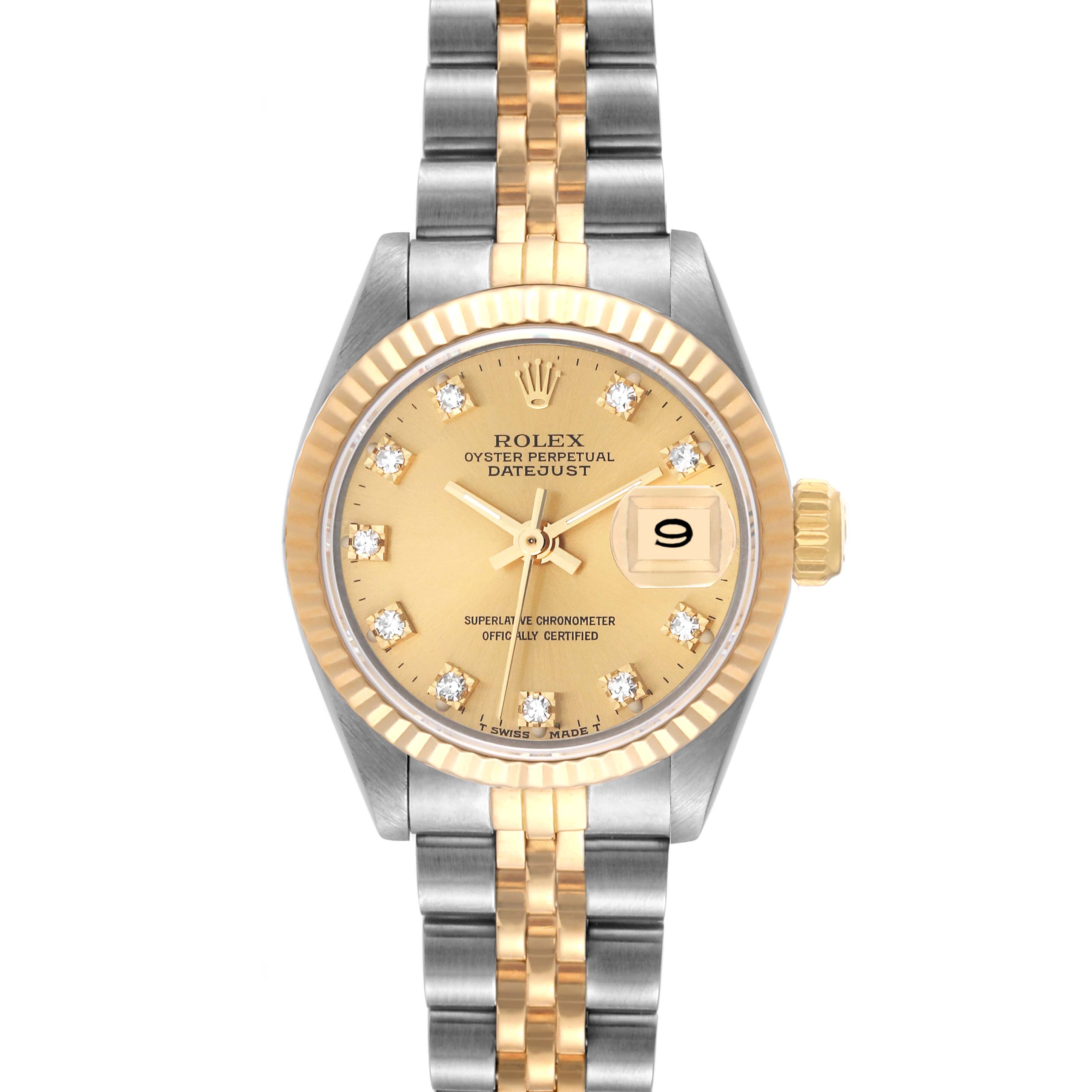 The image shows a Rolex Datejust 69173 Women's Steel and Gold (two tone) Champagne Dial 69173 Women's Steel and Gold (two tone) Champagne Dial watch from the front, featuring a gold and steel bracelet, gold dial, and fluted bezel.