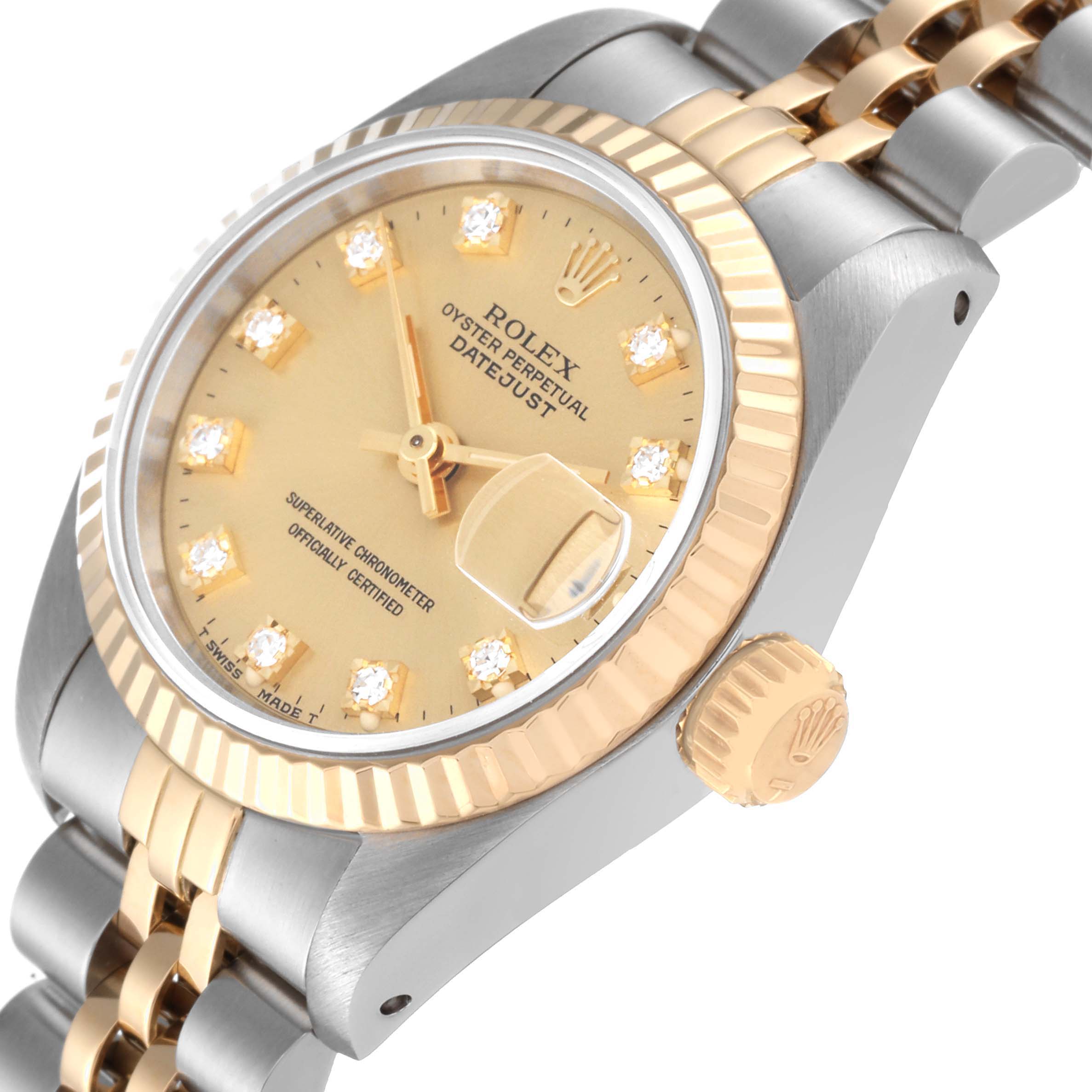 The image shows a close-up side angle of a Rolex Datejust 69173 Women's Steel and Gold (two tone) Champagne Dial 69173 Women's Steel and Gold (two tone) Champagne Dial watch, highlighting its crown, bezel, dial, and part of the bracelet.