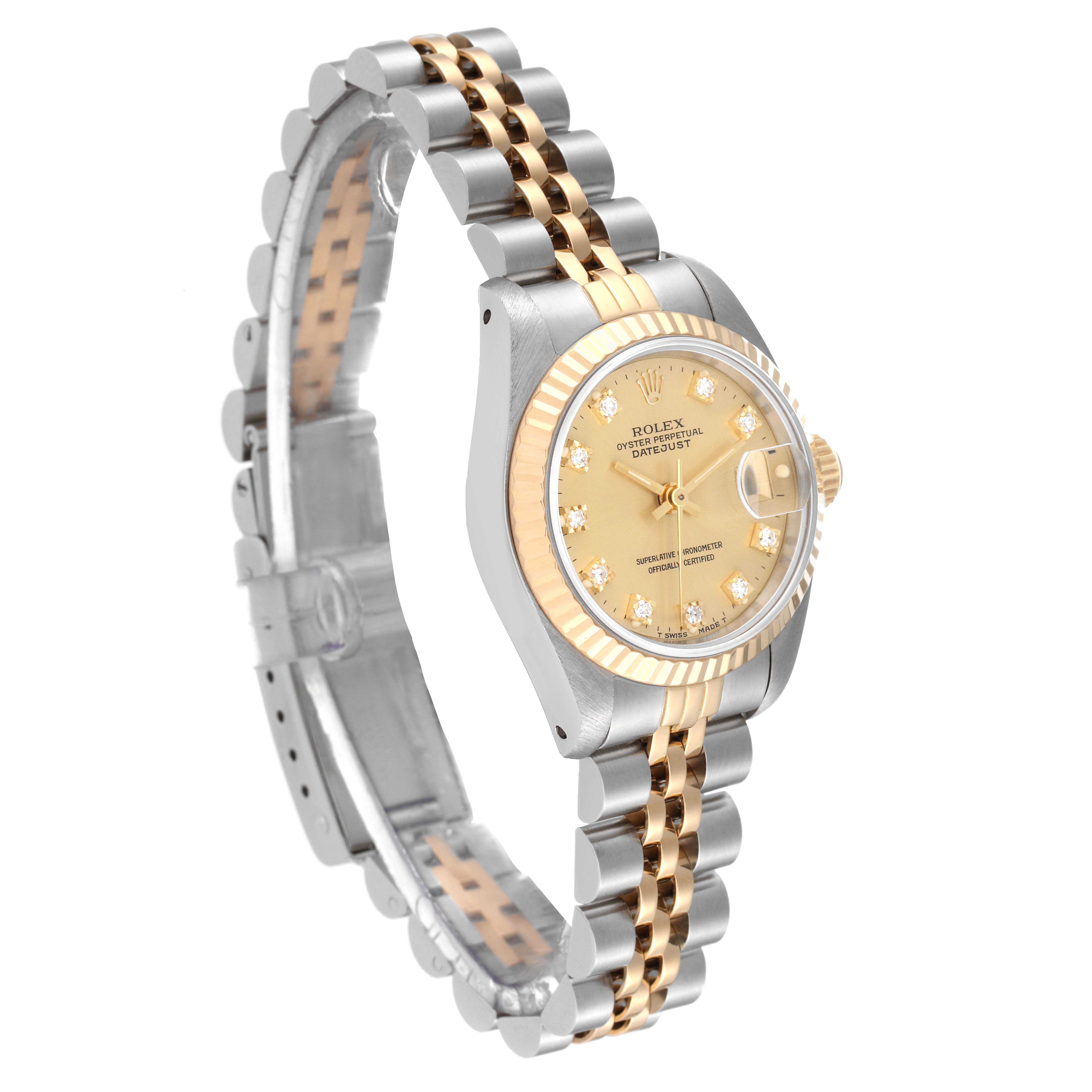 The Rolex Datejust 69173 Women's Steel and Gold (two tone) Champagne Dial 69173 Women's Steel and Gold (two tone) Champagne Dial watch is shown at an angle, highlighting its face, bezel, and two-tone bracelet.